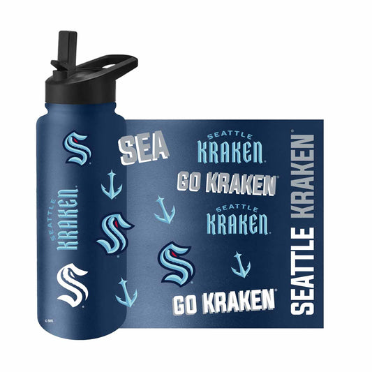 Seattle Kraken NHL Hockey 34oz Stainless Steel Vacuum Insulated Game Day Water Bottle with Flip Straw Lid and Handle - Navy