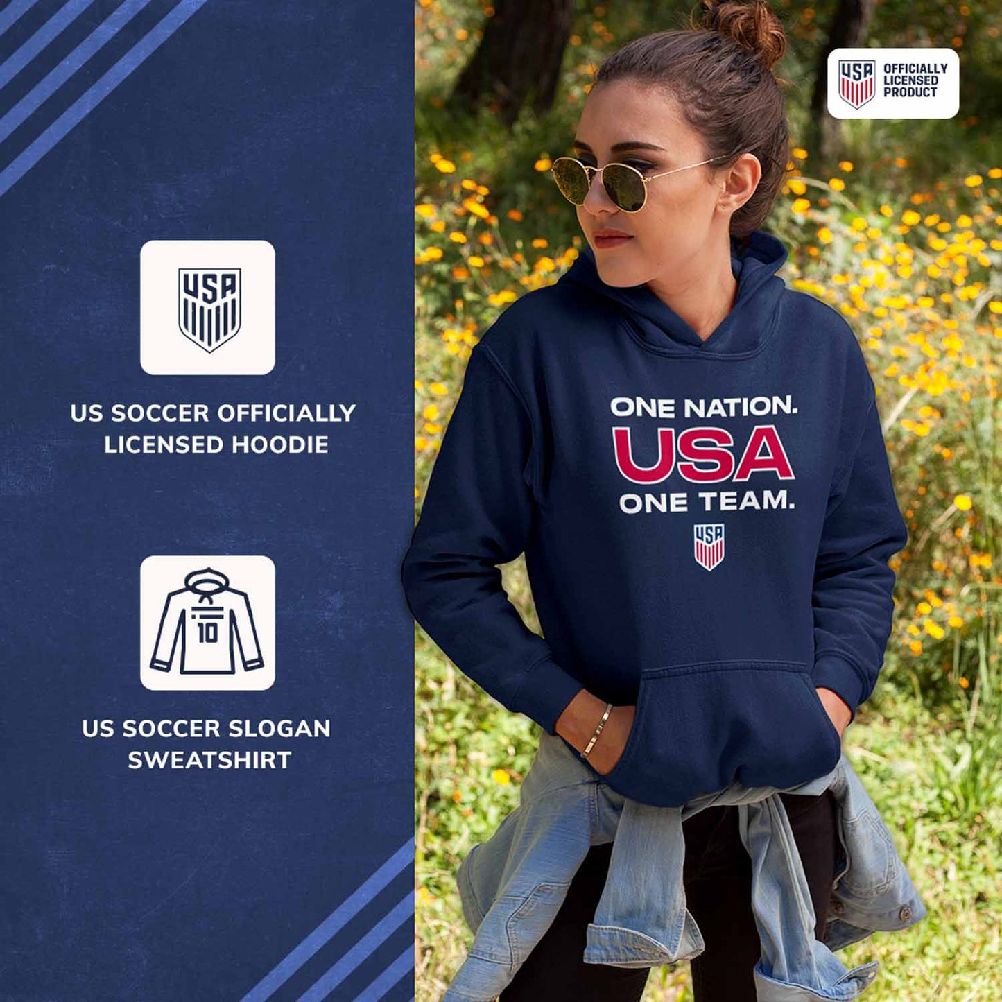 USA National Team The Victory Officially Licensed Unisex Adult US National Soccer Team One Nation One Team Slogan Hooded Sweatshirt - Navy