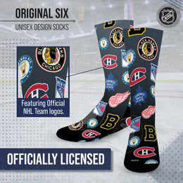 Original Six Adult NHL Original 6 All Over Logo Crew Socks - Black