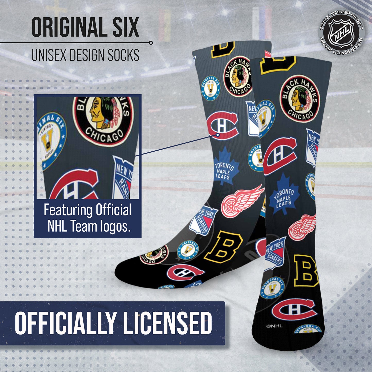 Original Six Adult NHL Original 6 All Over Logo Crew Socks - Black