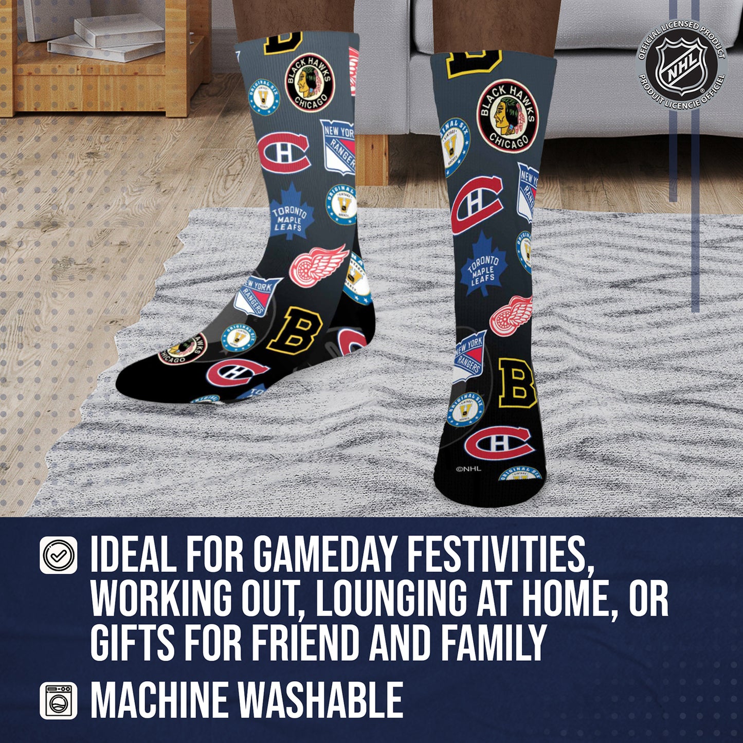 Original Six Adult NHL Original 6 All Over Logo Crew Socks - Black