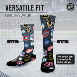 Original Six Adult NHL Original 6 All Over Logo Crew Socks - Black