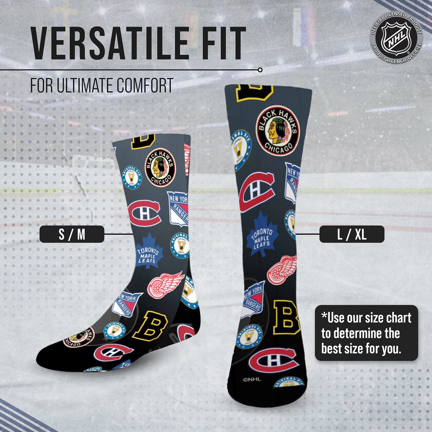 Original Six Adult NHL Original 6 All Over Logo Crew Socks - Black