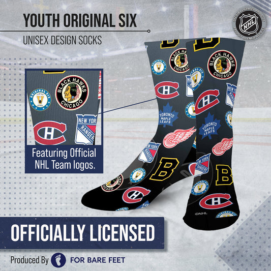 Original Six Youth NHL Original 6 All Over Logo Crew Socks - Black