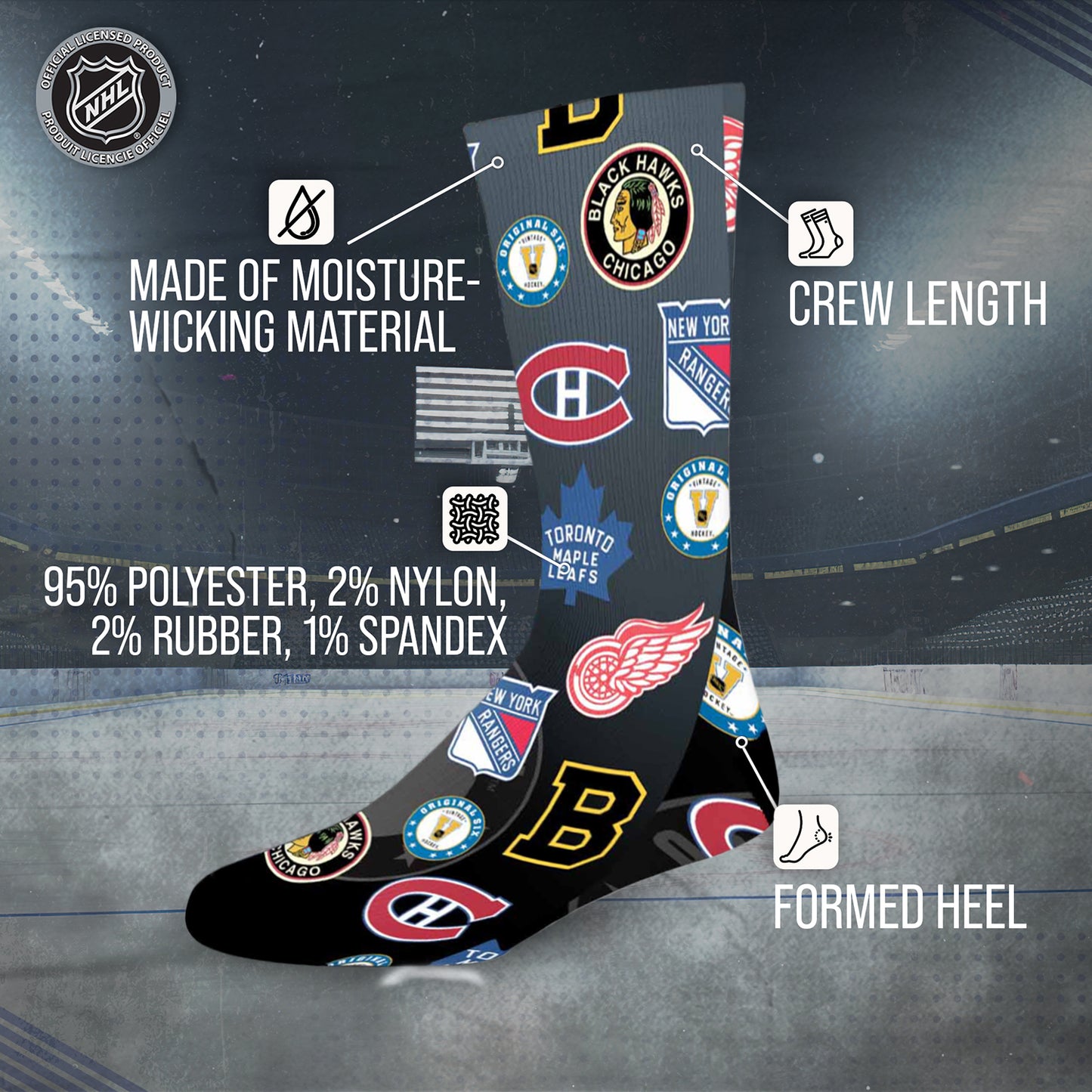 Original Six Youth NHL Original 6 All Over Logo Crew Socks - Black
