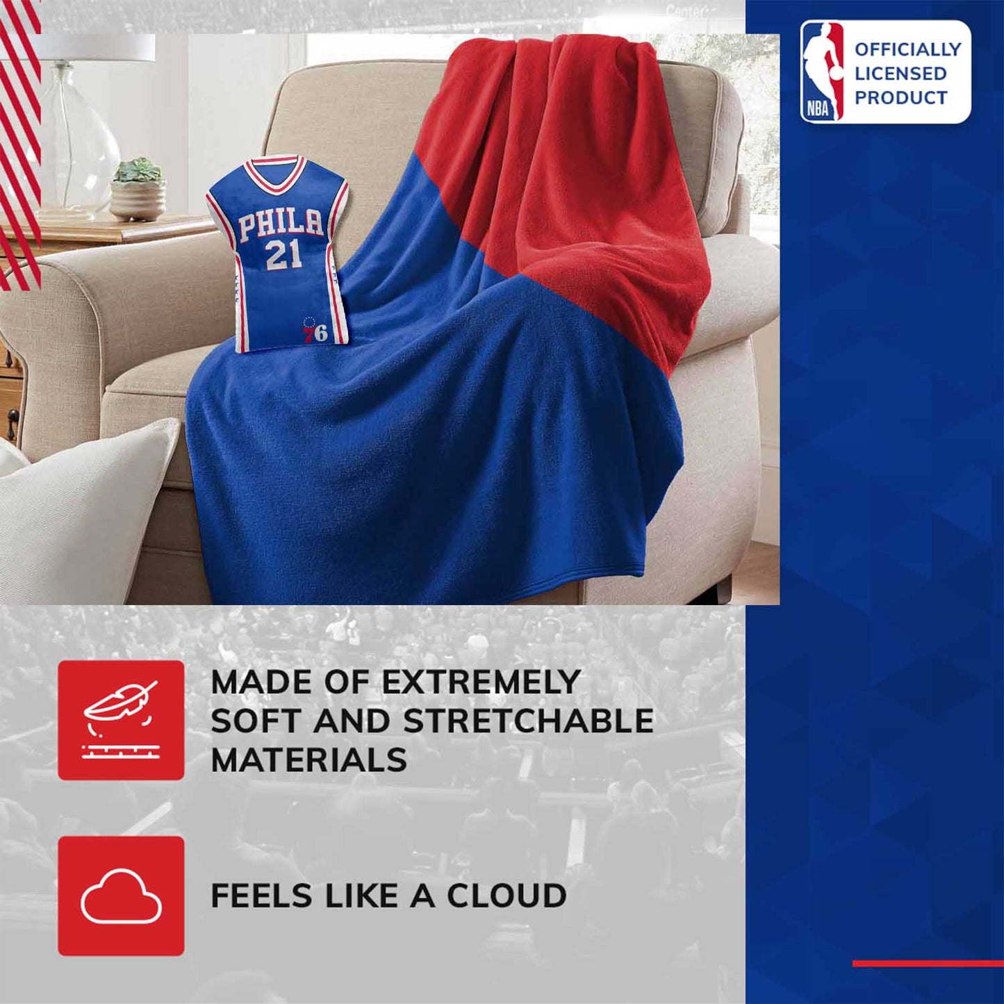 Philadelphia 76ers NBA Travel Joel Embiid Jersey Cloud Pillow Bedding Accessories - Royal