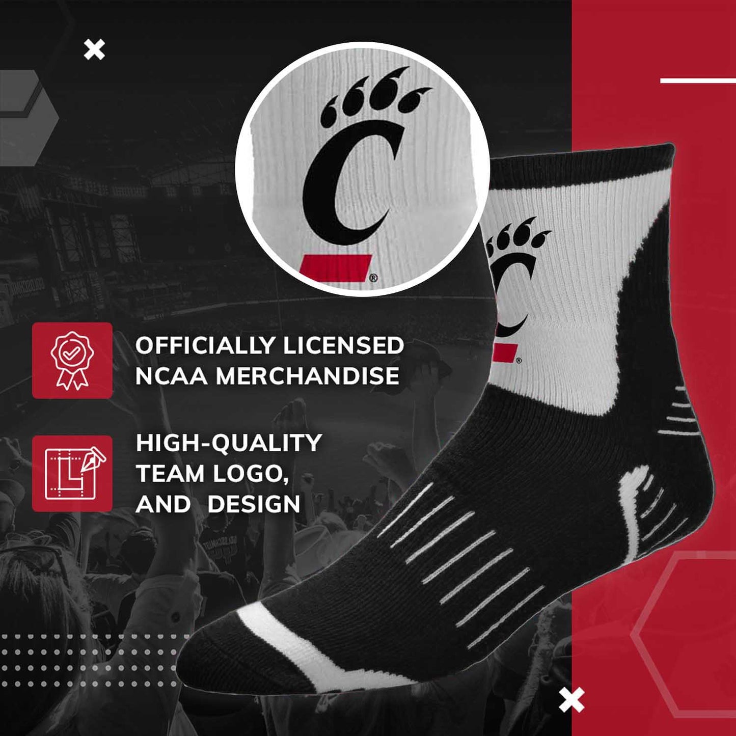 Cincinnati  Bearcats Adult NCAA Surge Quarter Length Crew Socks - Black