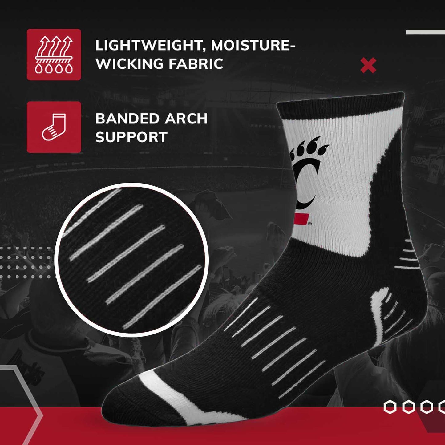 Cincinnati  Bearcats Adult NCAA Surge Quarter Length Crew Socks - Black