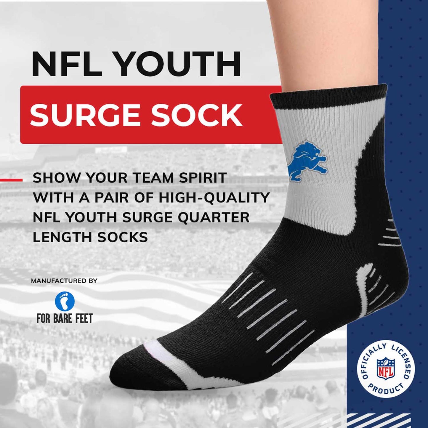 Detroit Lions NFL Youth Performance Quarter Length Socks - Black