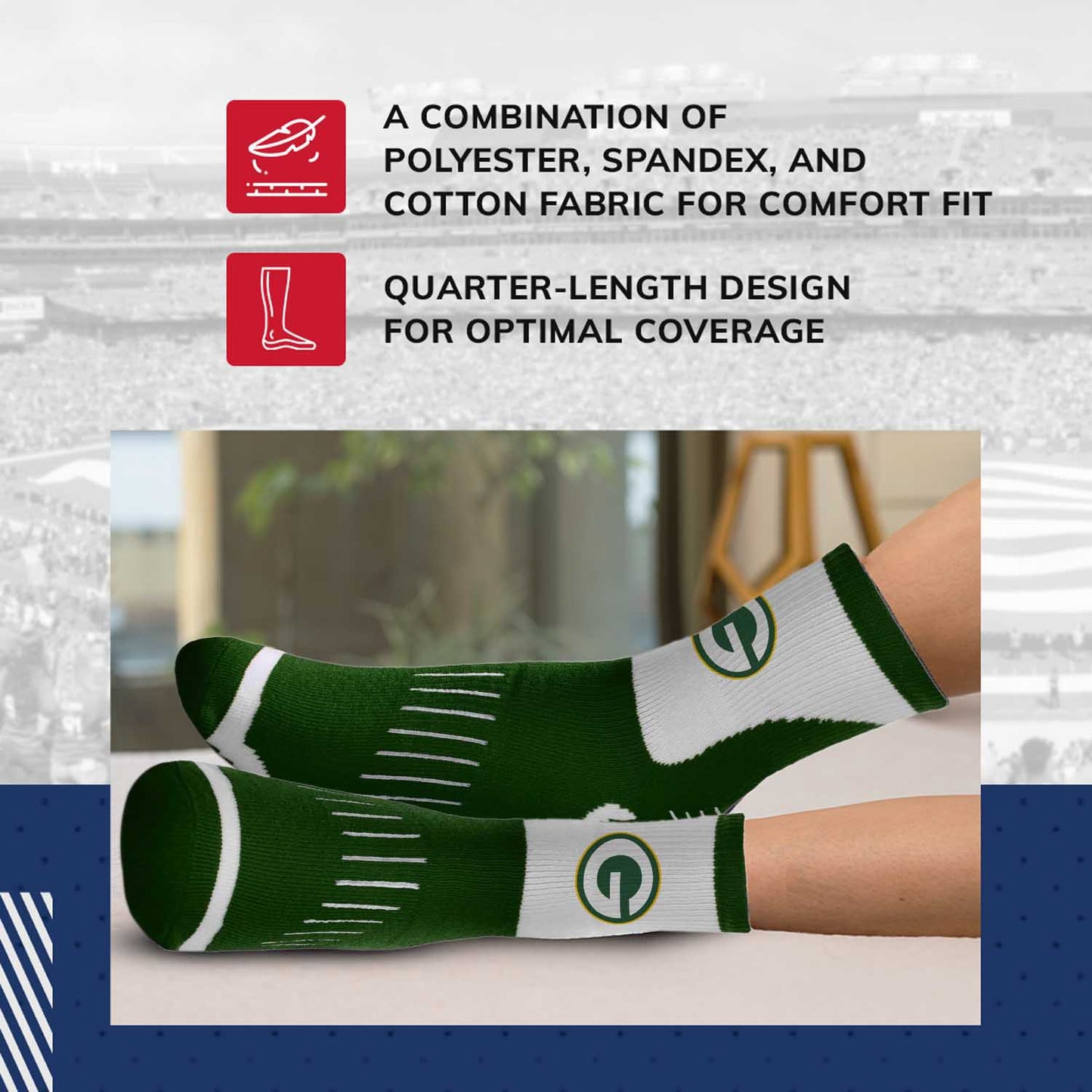 Green Bay Packers NFL Performance Quarter Length Socks - Green