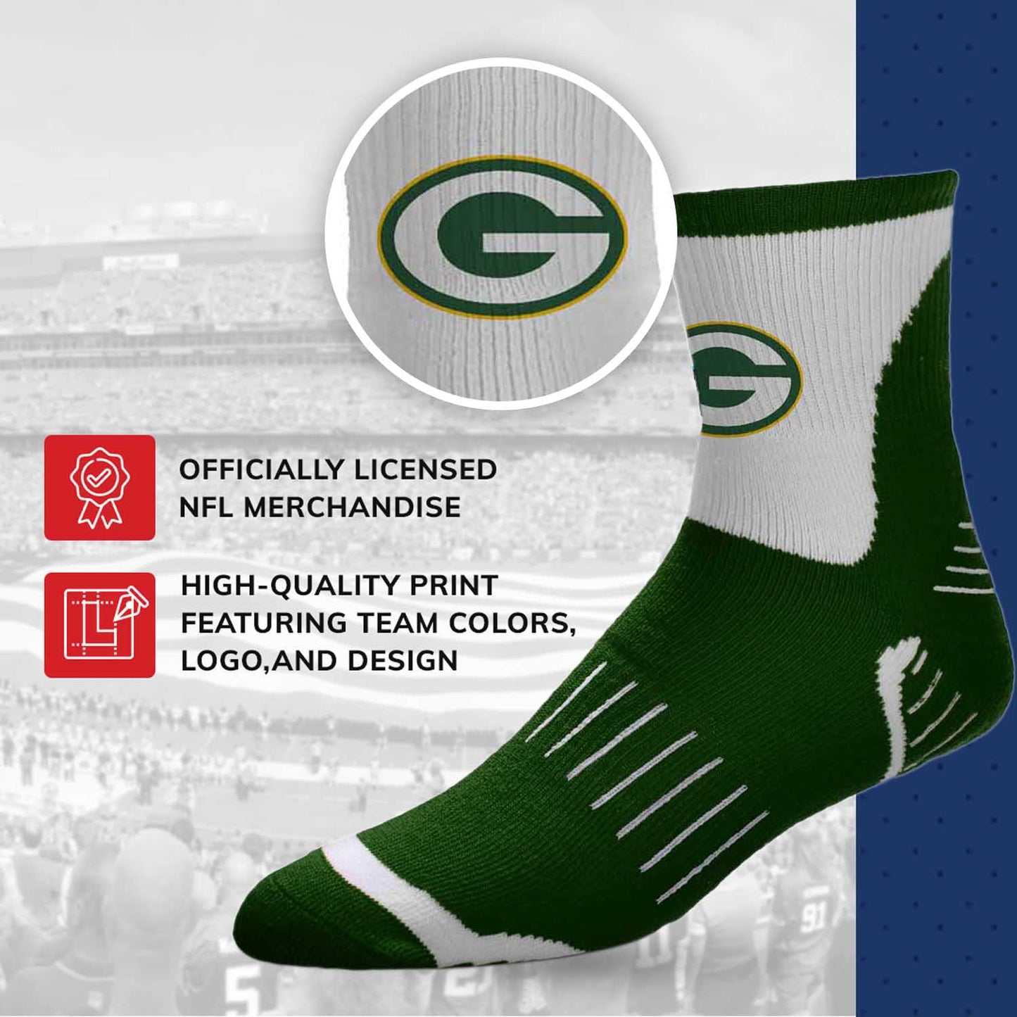 Green Bay Packers NFL Performance Quarter Length Socks - Green
