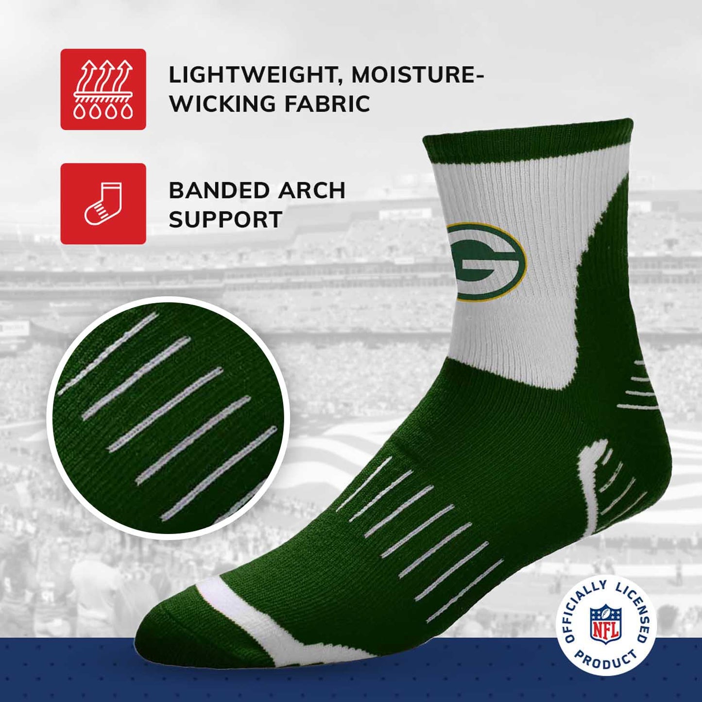 Green Bay Packers NFL Performance Quarter Length Socks - Green