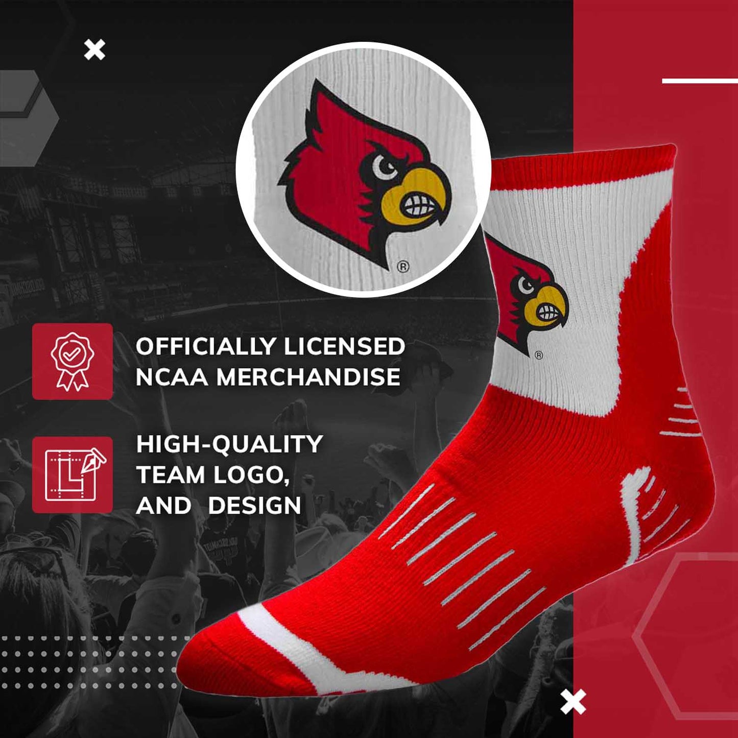 Louisville Cardinals Adult NCAA Surge Quarter Length Crew Socks - Red