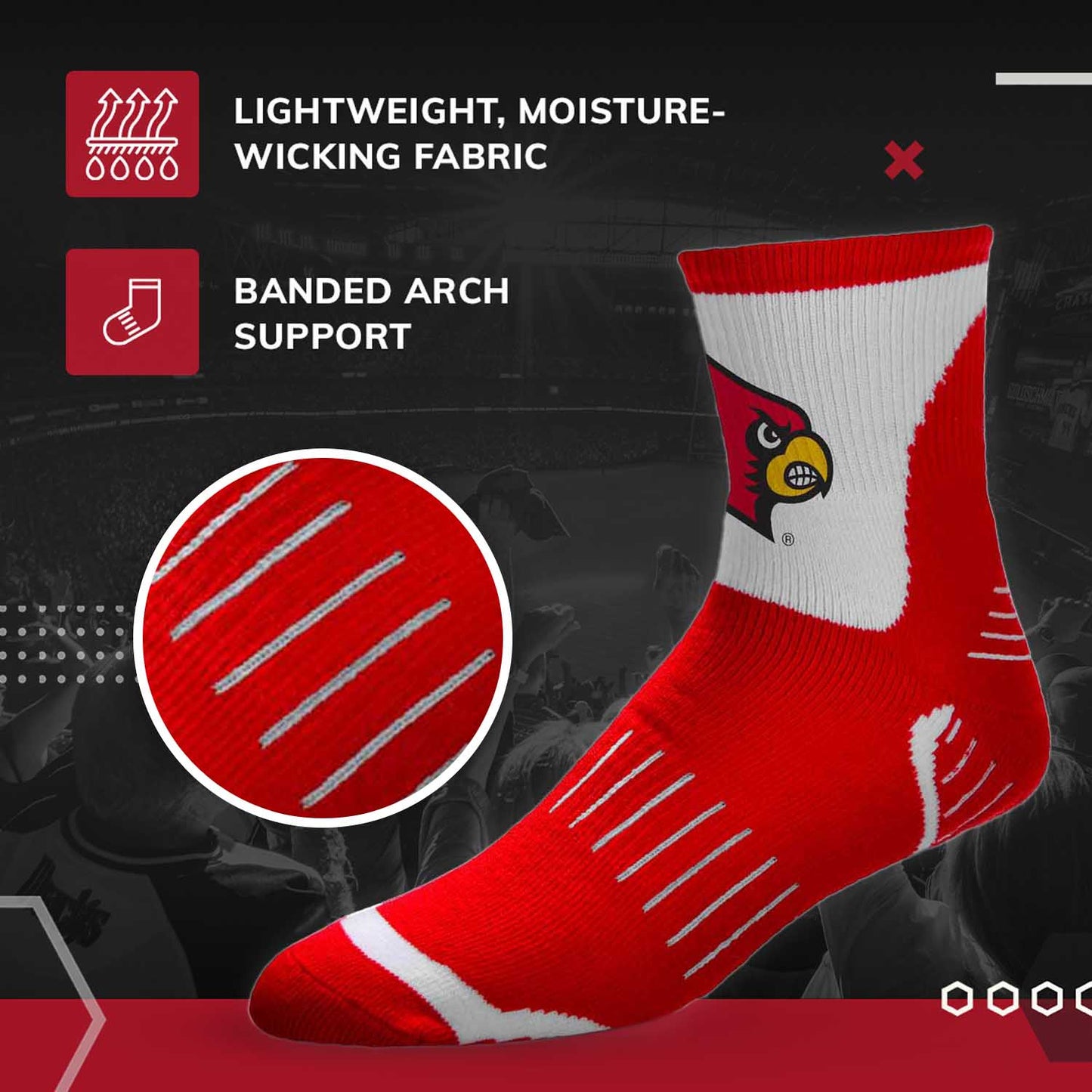 Louisville Cardinals Adult NCAA Surge Quarter Length Crew Socks - Red