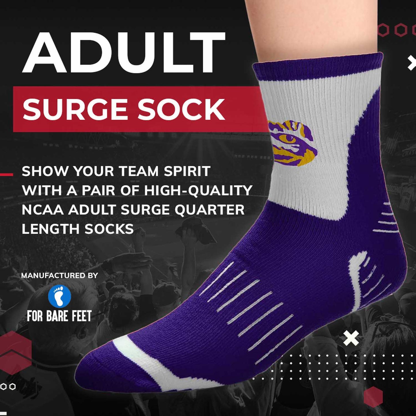 LSU Tigers Adult NCAA Surge Quarter Length Crew Socks - Purple