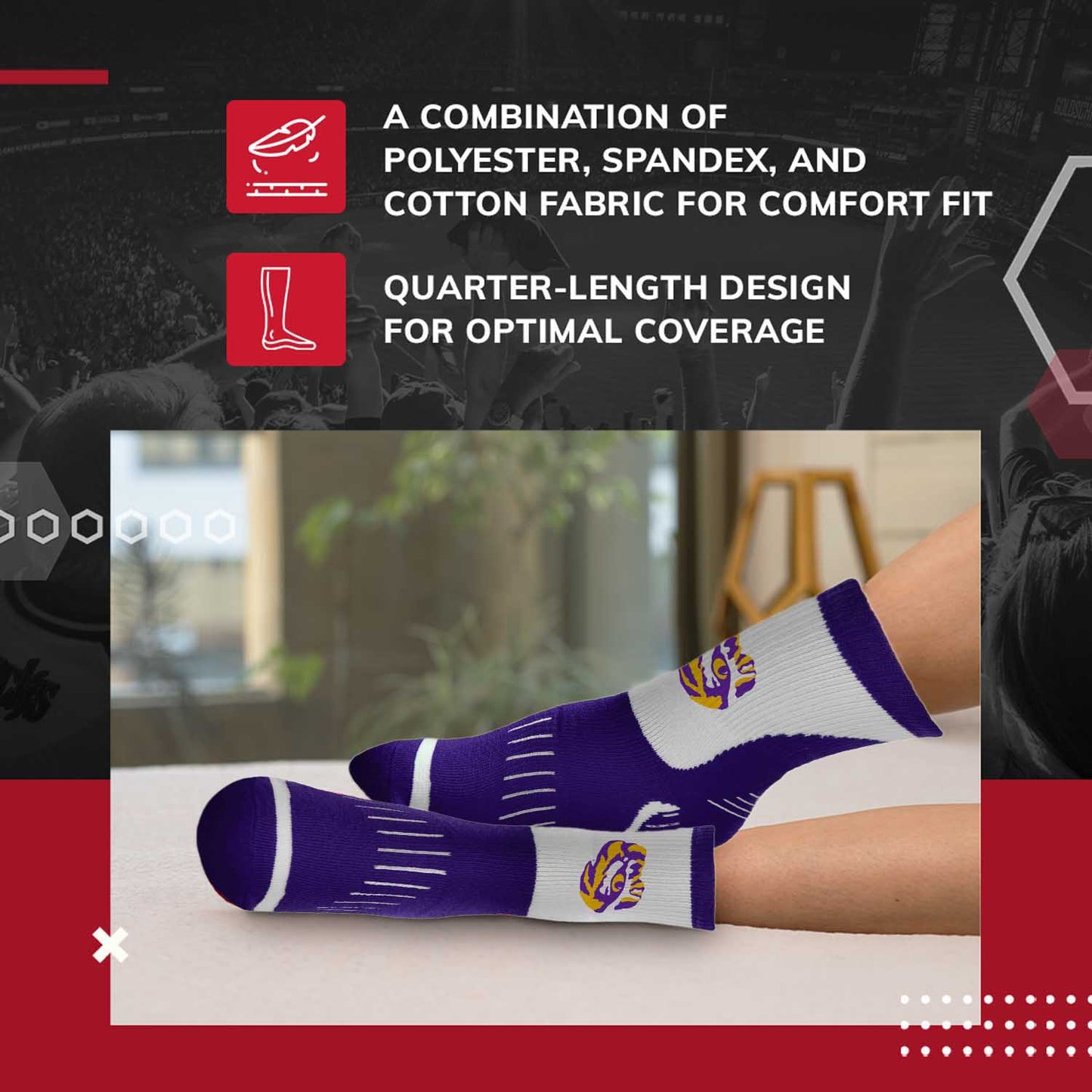 LSU Tigers Adult NCAA Surge Quarter Length Crew Socks - Purple