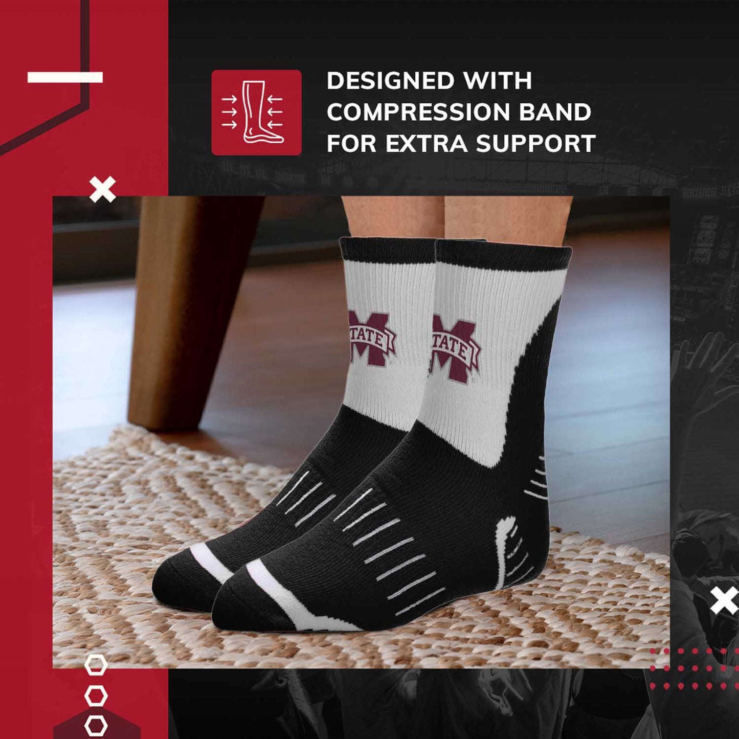 Mississippi State Bulldogs Adult NCAA Surge Quarter Length Crew Socks - Black