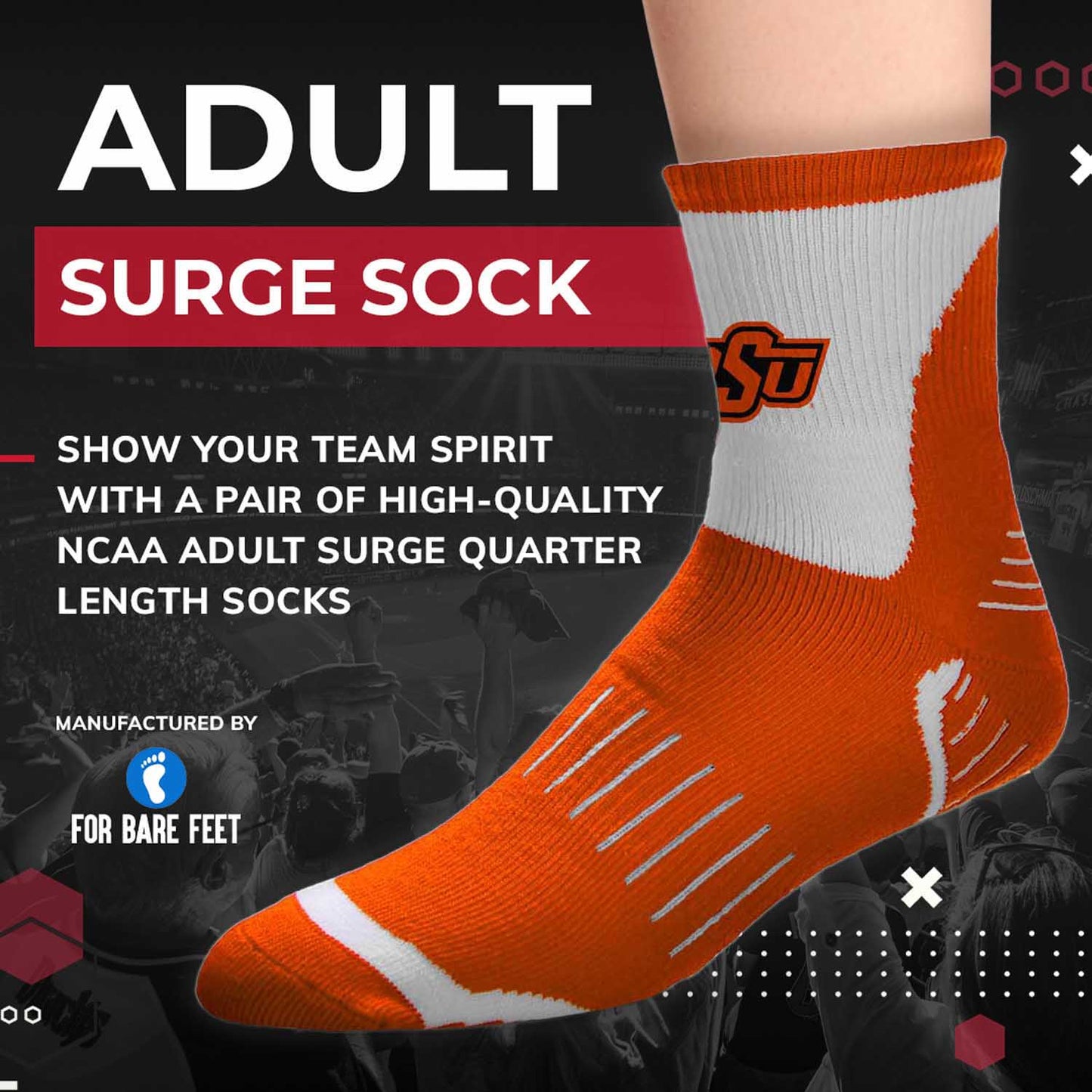 Oklahoma State Cowboys Adult NCAA Surge Quarter Length Crew Socks - Orange