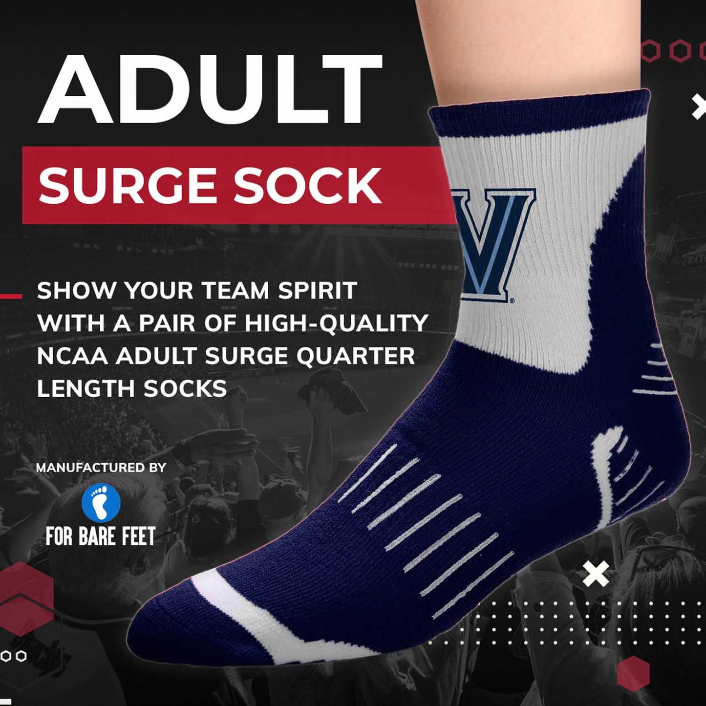 Villanova Wildcats Adult NCAA Surge Quarter Length Crew Socks - Navy