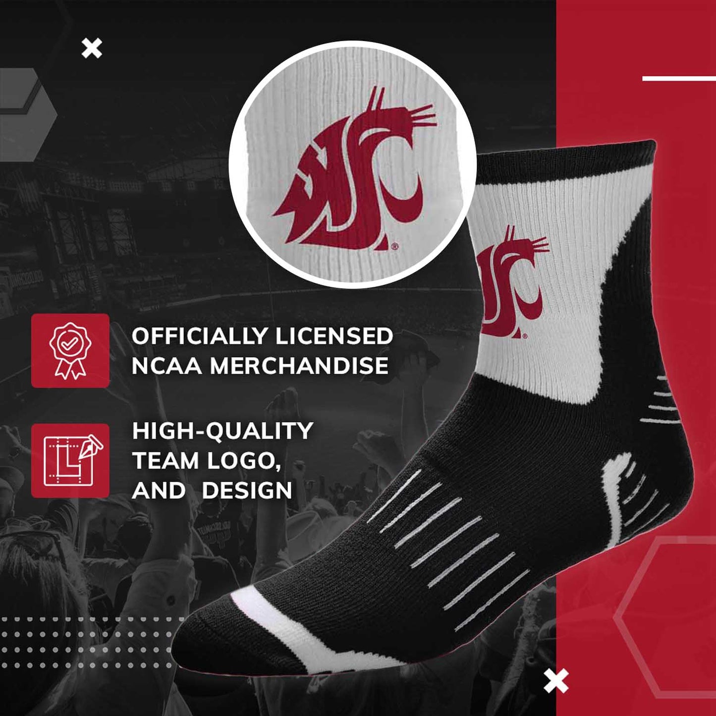 Washington State Cougars Adult NCAA Surge Quarter Length Crew Socks - Black