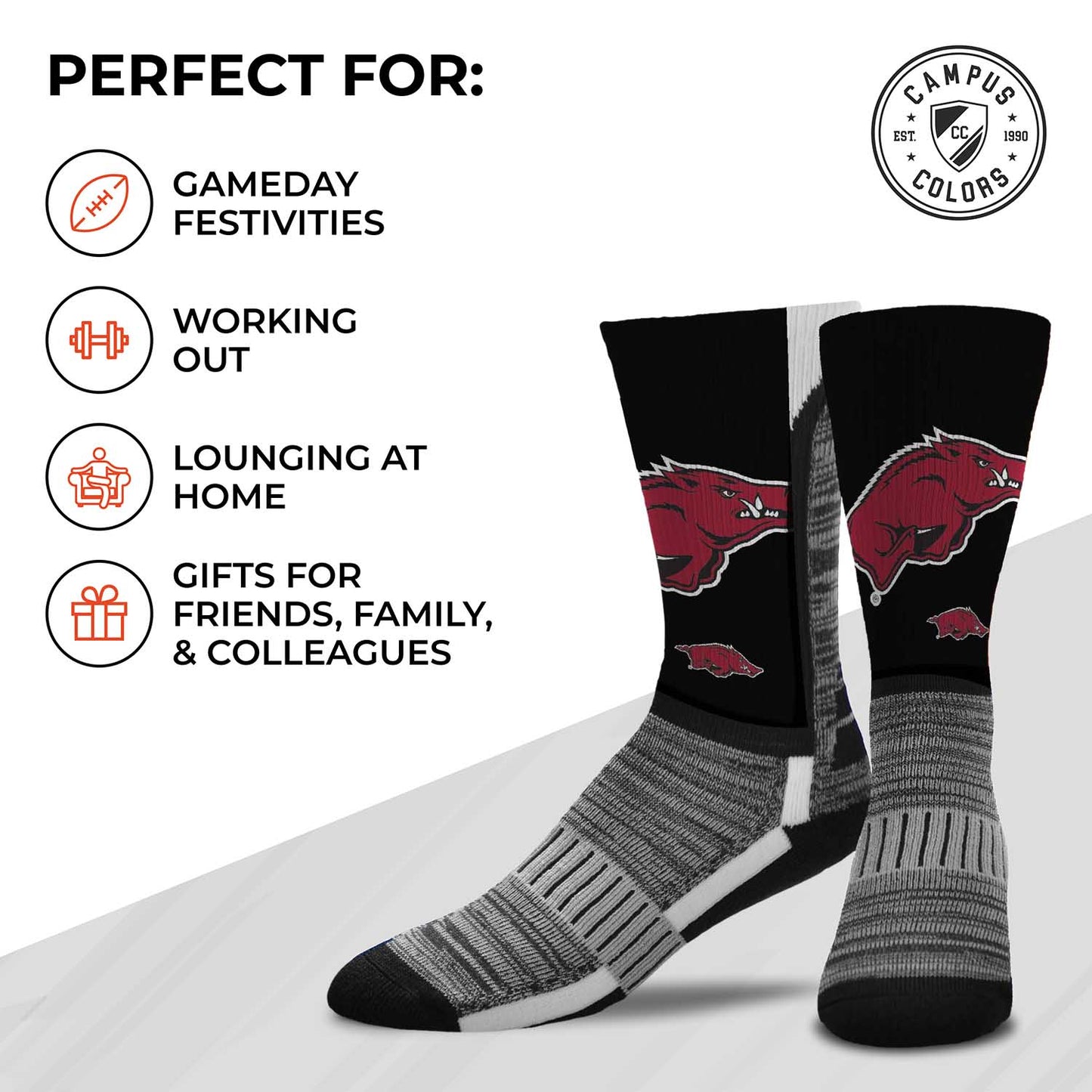 Arkansas Razorbacks NCAA Adult State and University Crew Socks - Black