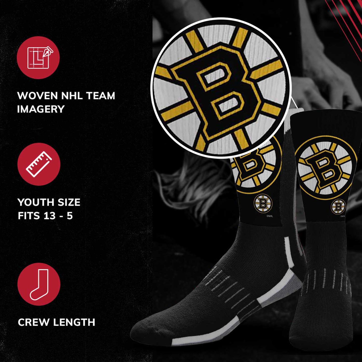 Boston  Bruins Youth NHL Zoom Curve Team Crew Socks - Black