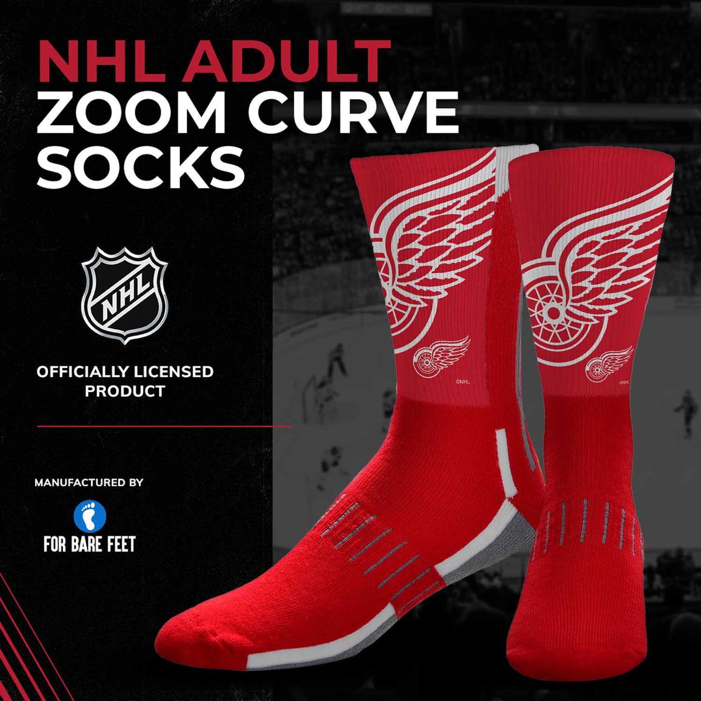 Detroit Red Wings Adult NHL Zoom Curve Team Crew Socks - Red