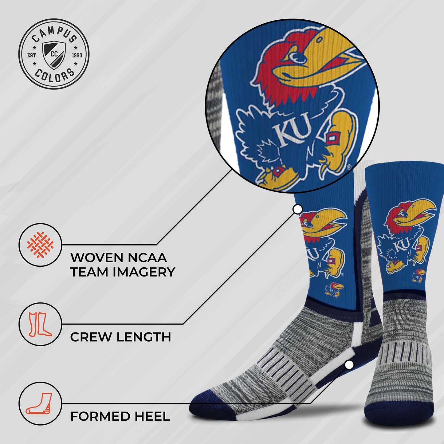 Kansas Jayhawks NCAA Adult State and University Crew Socks - Royal