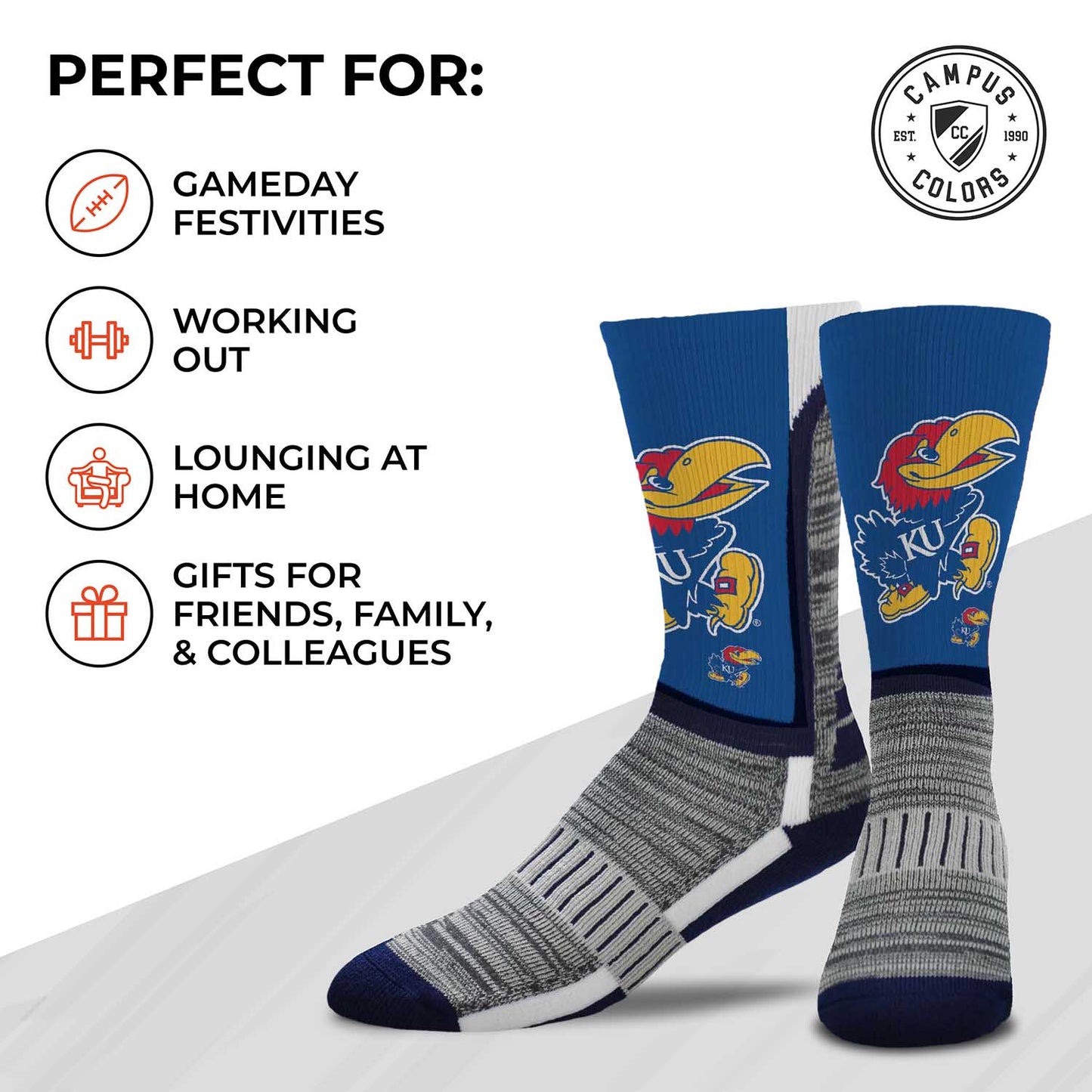 Kansas Jayhawks NCAA Adult State and University Crew Socks - Royal