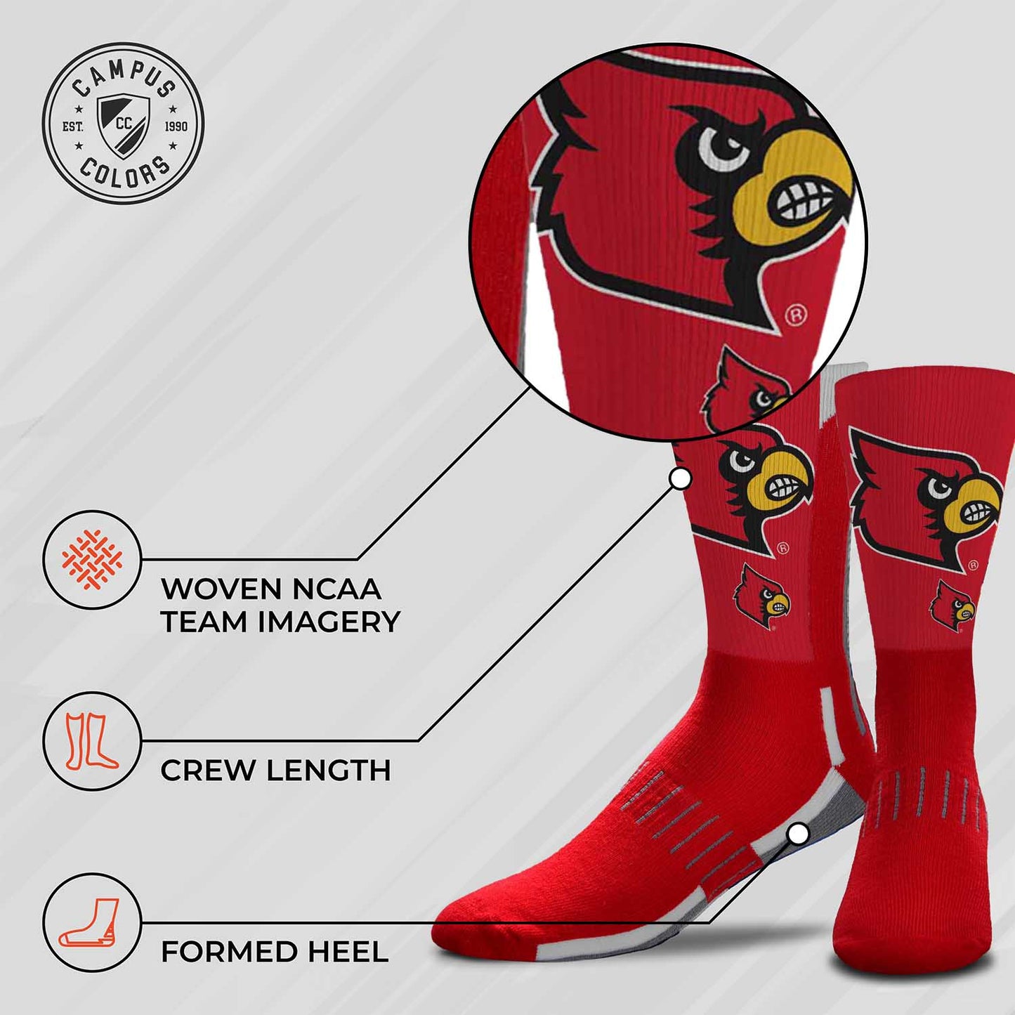Louisville Cardinals NCAA Adult State and University Crew Socks - Cardinal