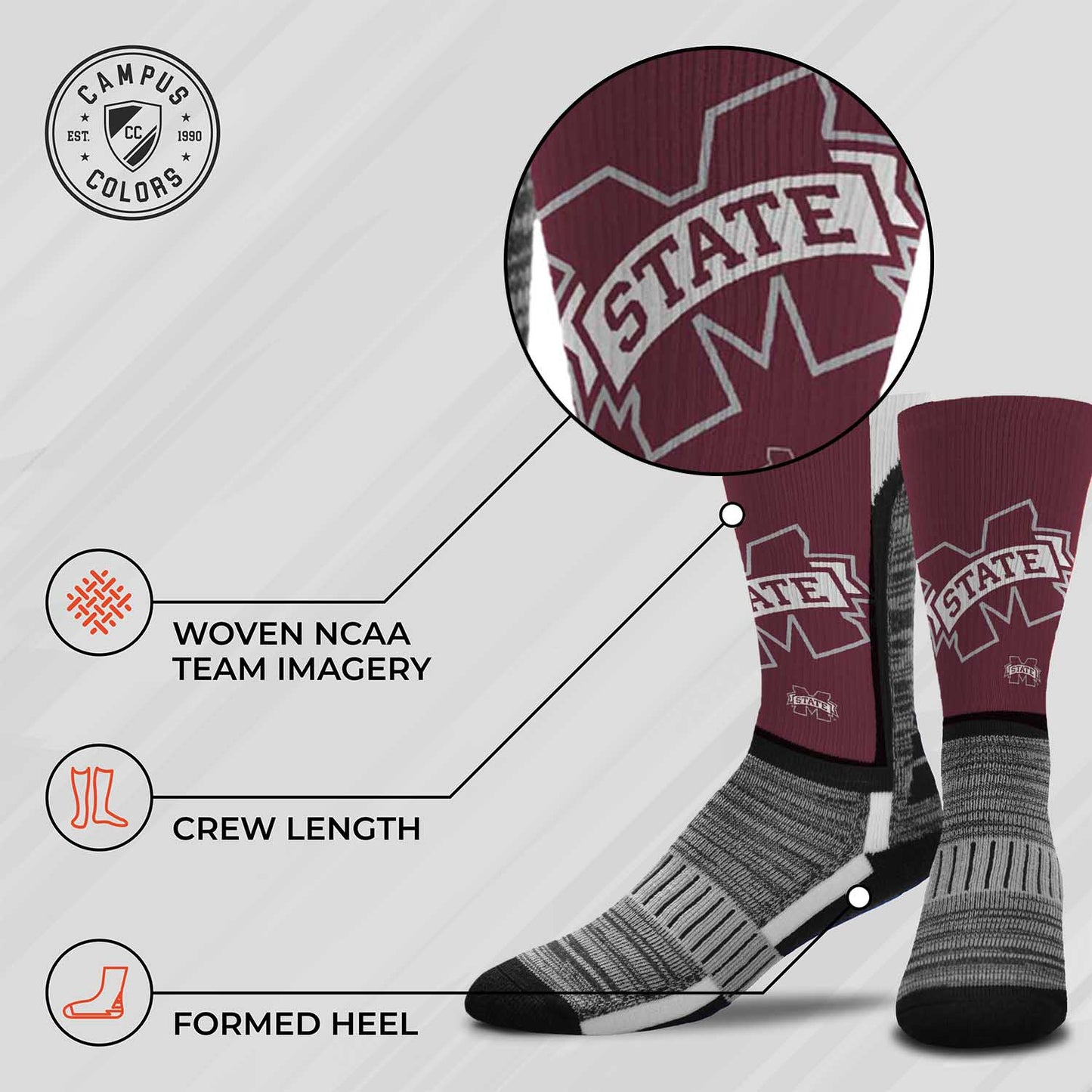 Mississippi State Bulldogs NCAA Adult State and University Crew Socks - Maroon