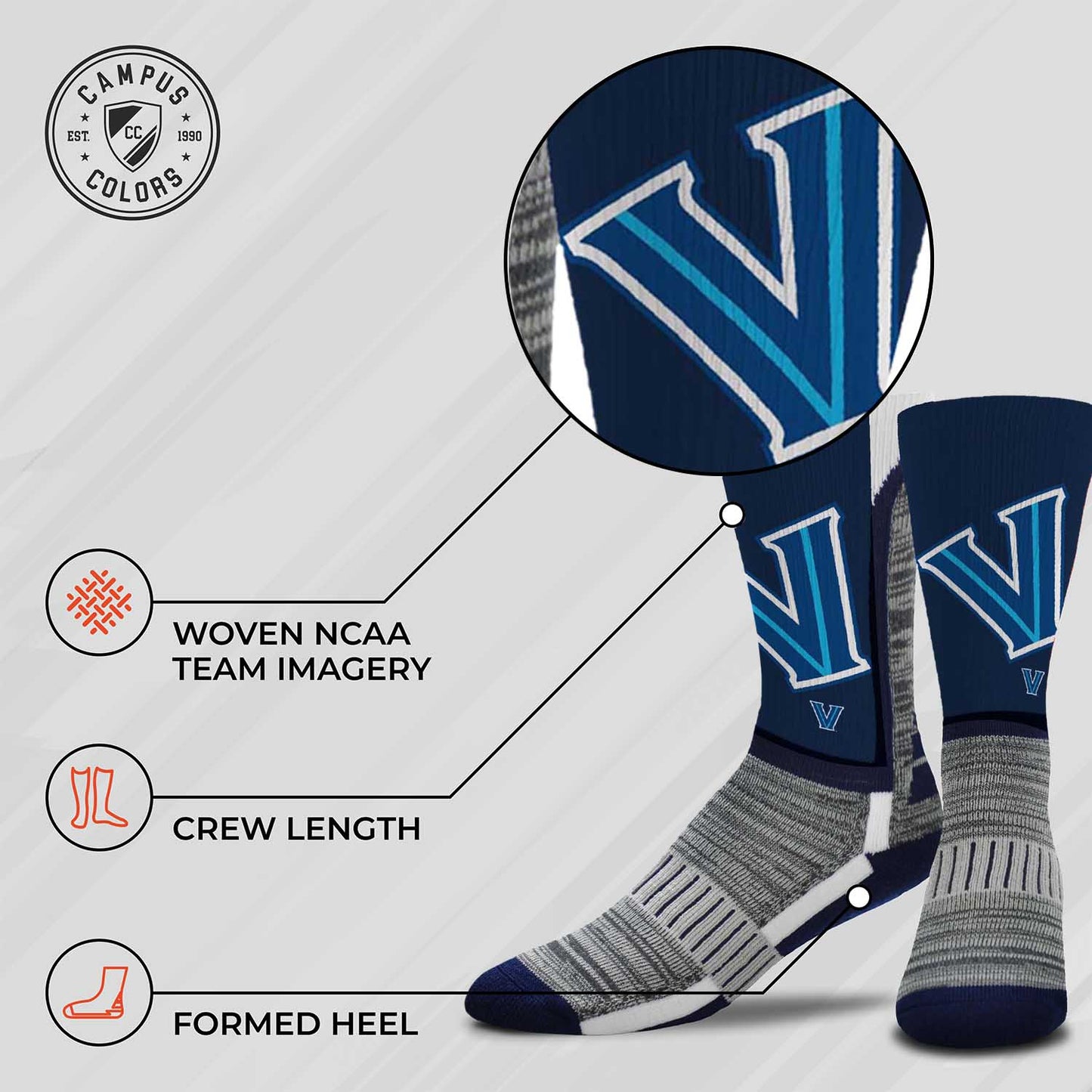 Villanova Wildcats NCAA Adult State and University Crew Socks - Navy