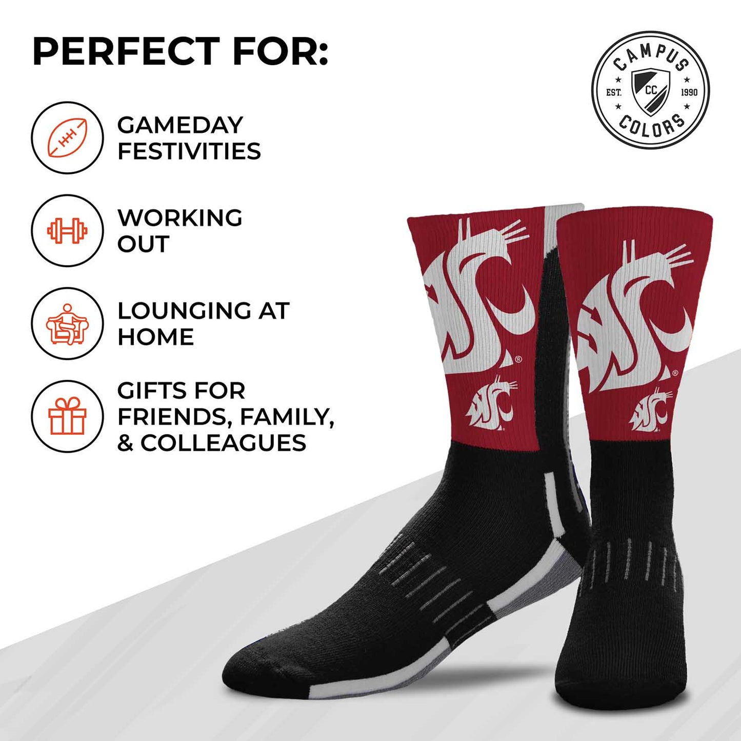 Washington State Cougars NCAA Adult State and University Crew Socks - Black