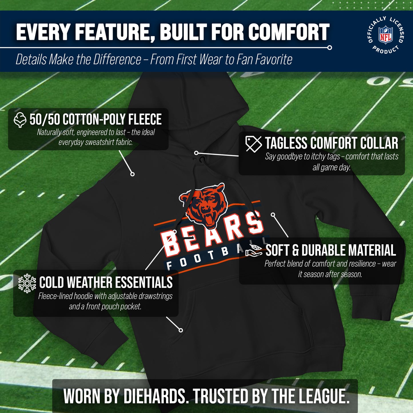Chicago Bears NFL Adult True Fan Hooded Charcoal Sweatshirt - Charcoal