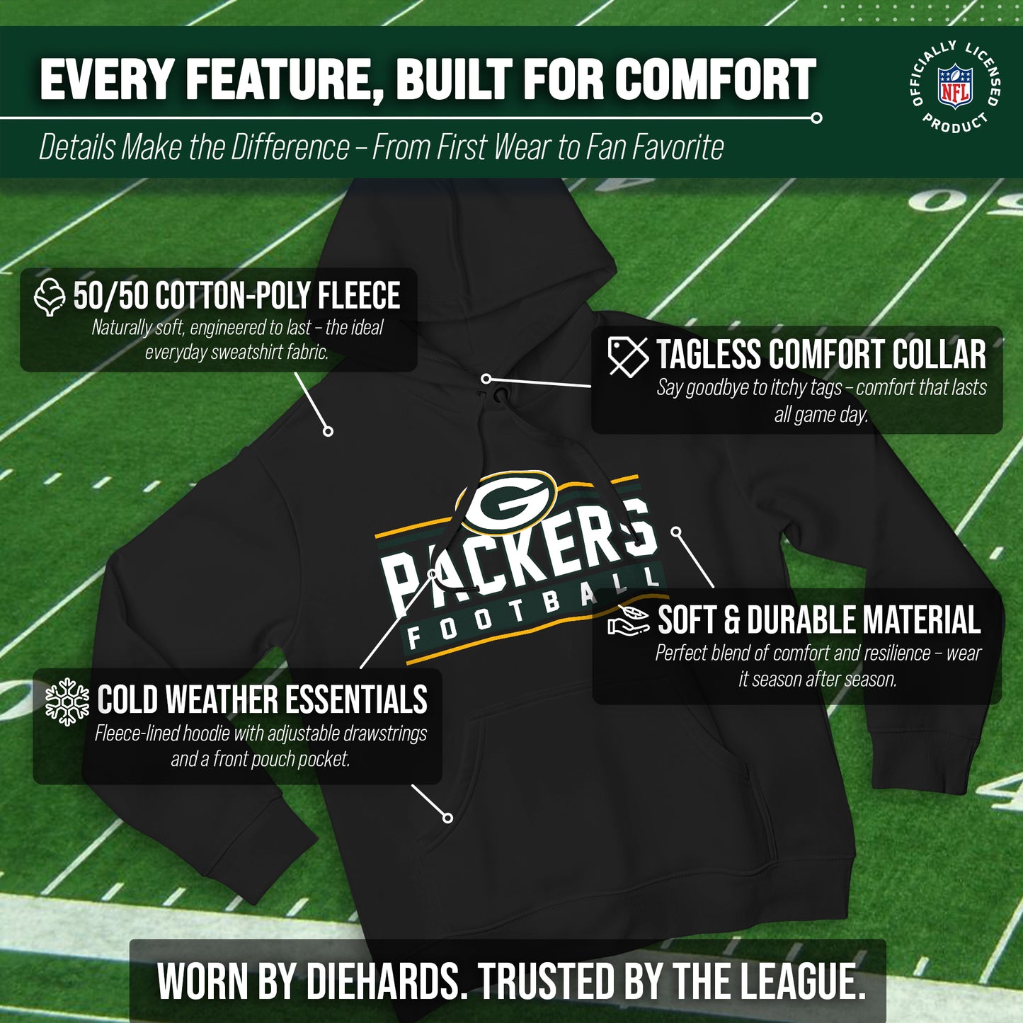 Green Bay Packers NFL Adult True Fan Hooded Charcoal Sweatshirt - Charcoal