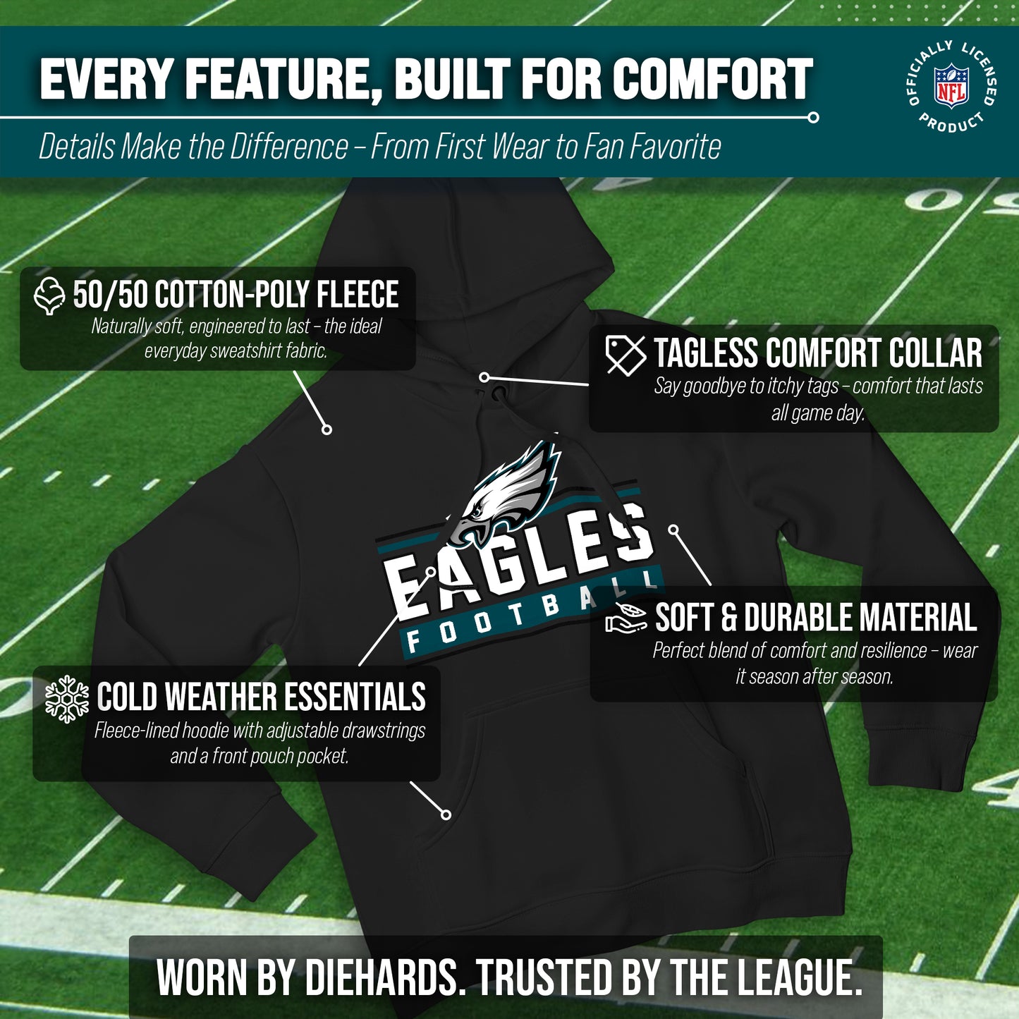 Philadelphia Eagles NFL Adult True Fan Hooded Charcoal Sweatshirt - Charcoal
