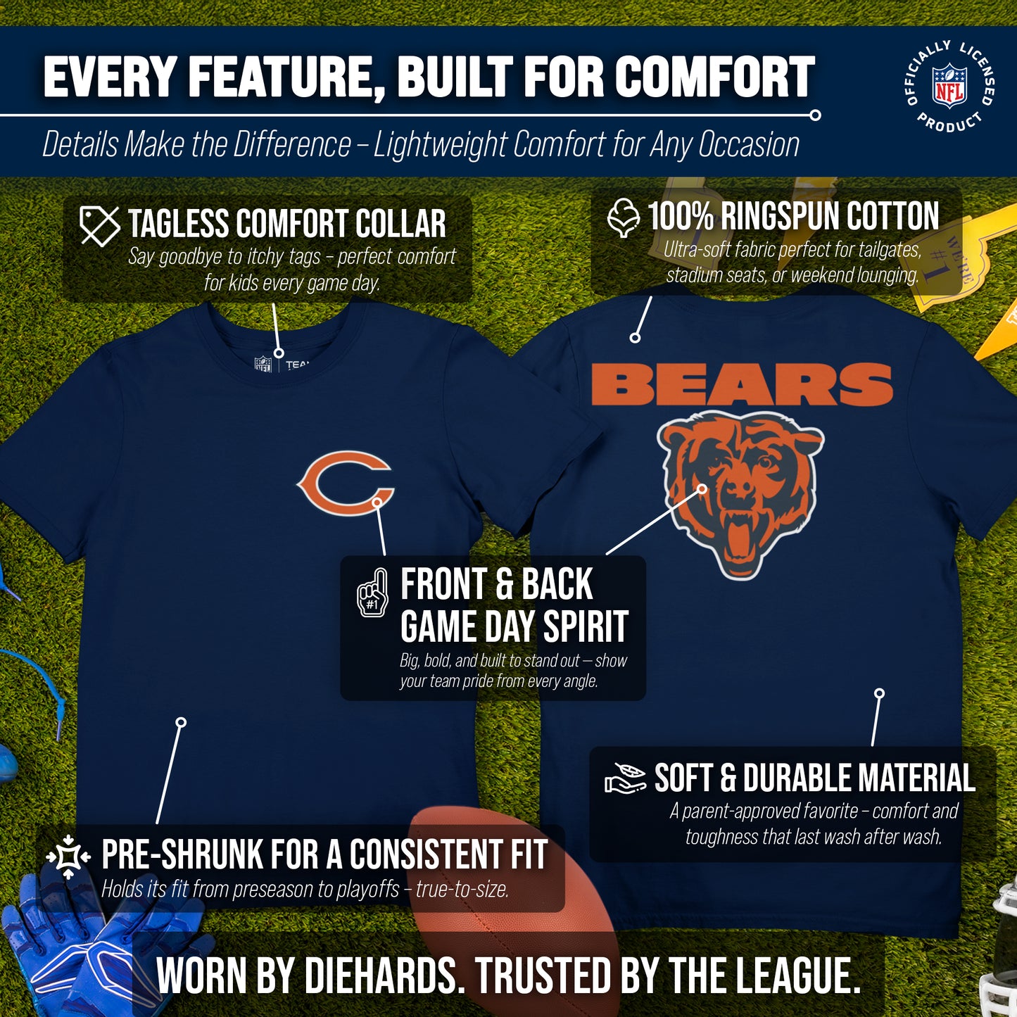 Chicago Bears Team Fan Apparel NFL Youth Final Countdown Tee- Pro Football T-Shirt For Boys & Girls - Navy