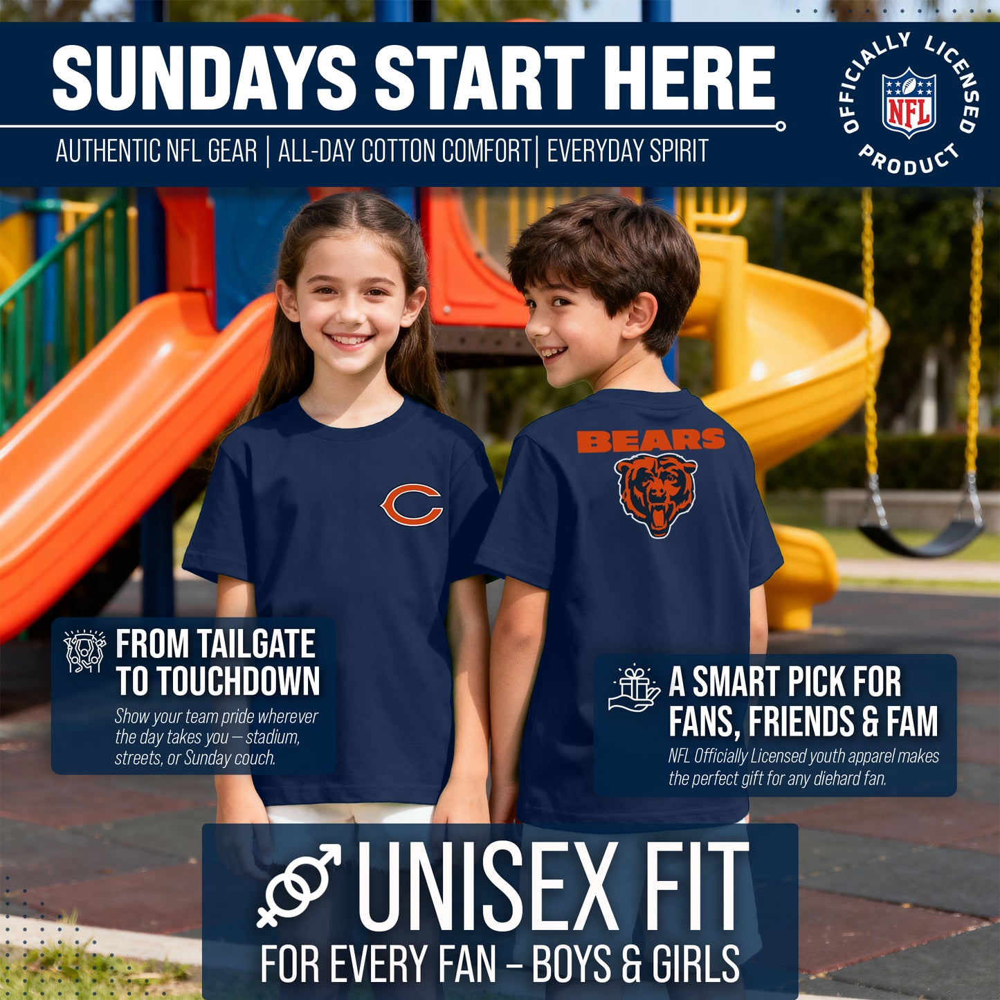 Chicago Bears Team Fan Apparel NFL Youth Final Countdown Tee- Pro Football T-Shirt For Boys & Girls - Navy