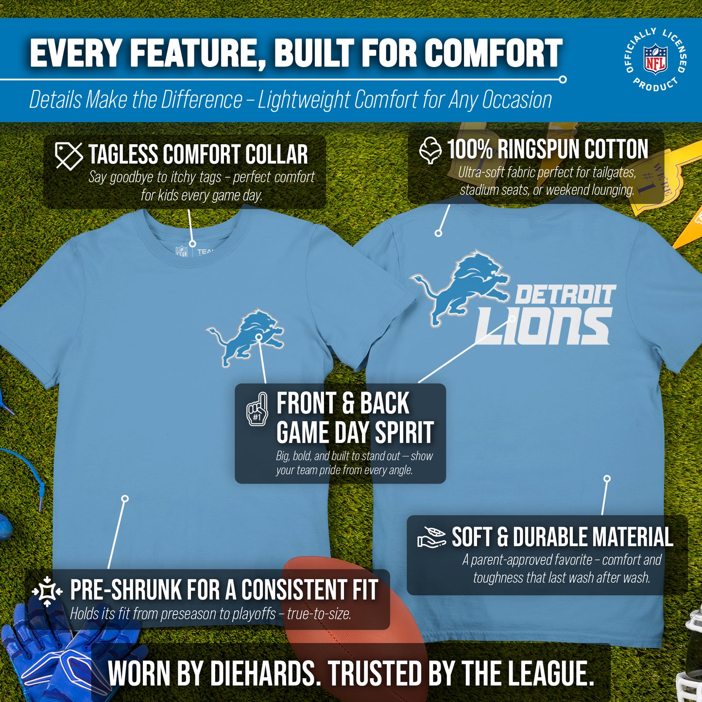 Detroit Lions Team Fan Apparel NFL Youth Final Countdown Tee- Pro Football T-Shirt For Boys & Girls - Blue