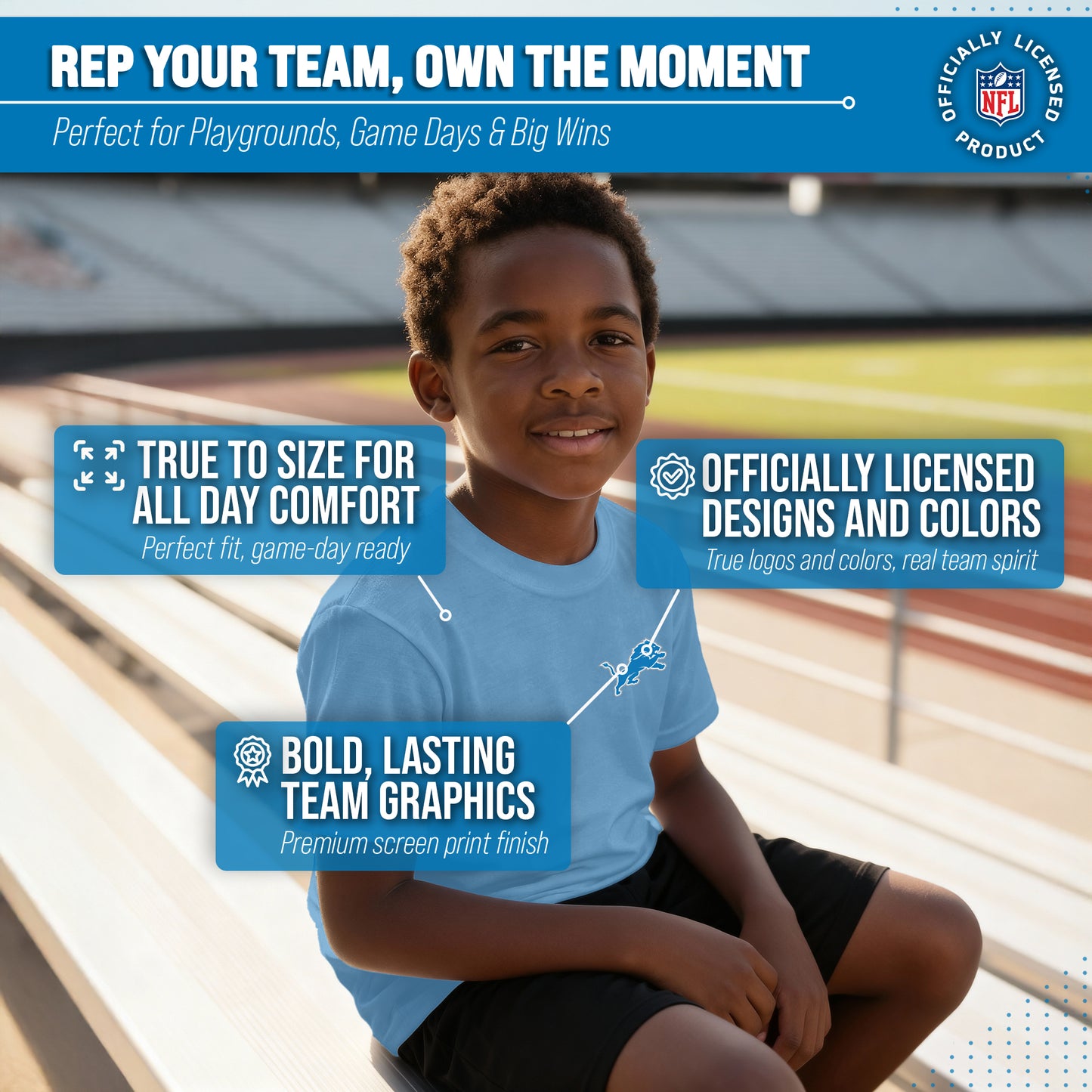 Detroit Lions Team Fan Apparel NFL Youth Final Countdown Tee- Pro Football T-Shirt For Boys & Girls - Blue