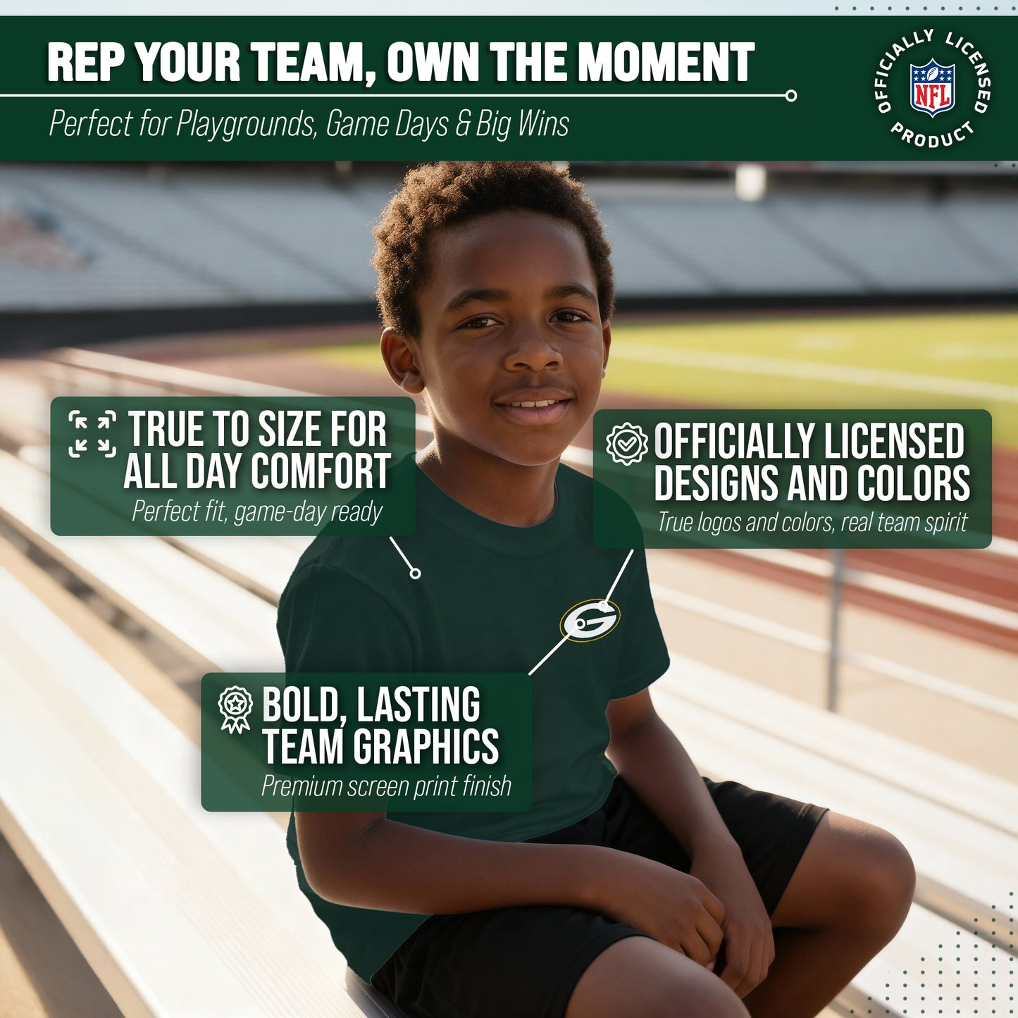 Green Bay Packers Team Fan Apparel NFL Youth Final Countdown Tee- Pro Football T-Shirt For Boys & Girls - Green