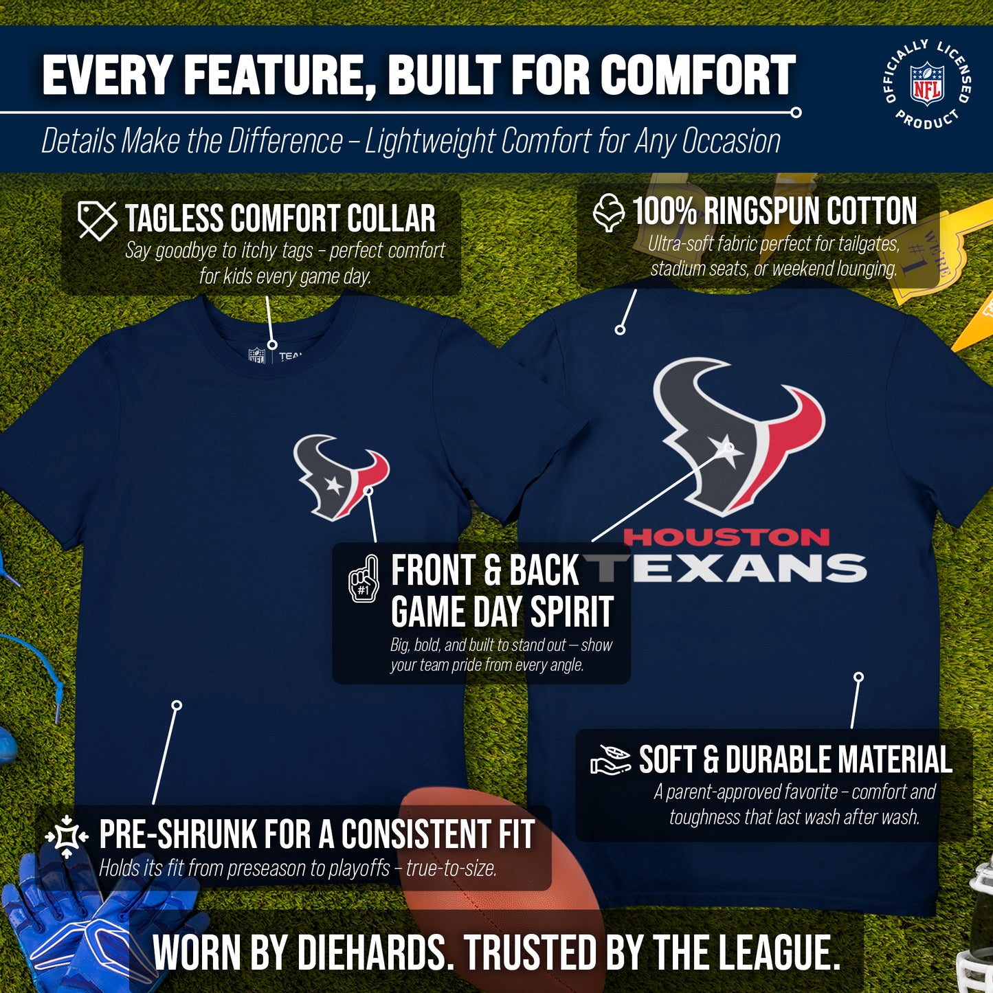 Houston Texans Team Fan Apparel NFL Youth Final Countdown Tee- Pro Football T-Shirt For Boys & Girls - Navy