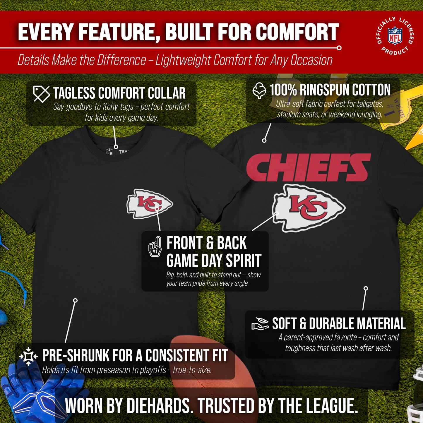 Kansas City Chiefs Team Fan Apparel NFL Youth Final Countdown Tee- Pro Football T-Shirt For Boys & Girls - Black