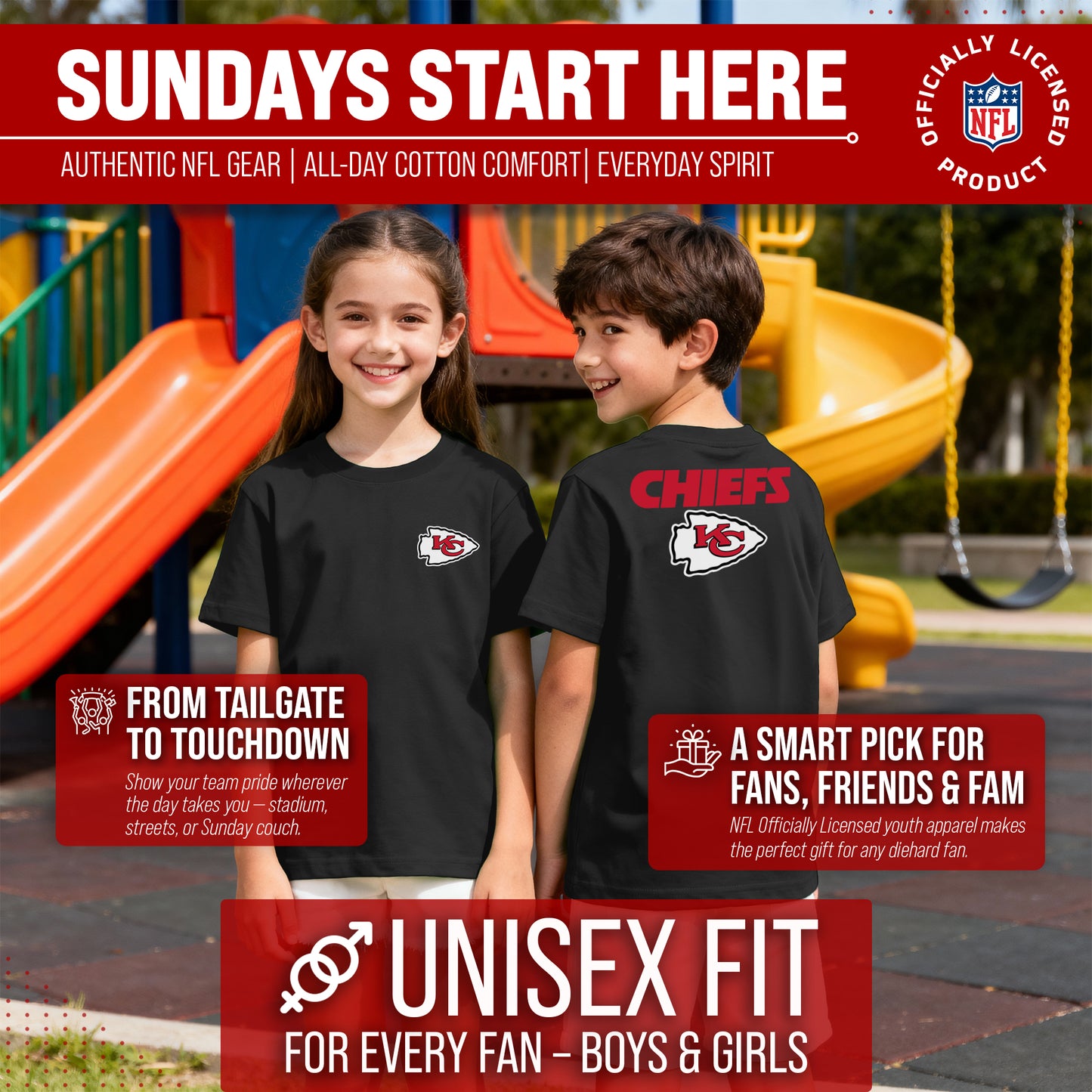 Kansas City Chiefs Team Fan Apparel NFL Youth Final Countdown Tee- Pro Football T-Shirt For Boys & Girls - Black