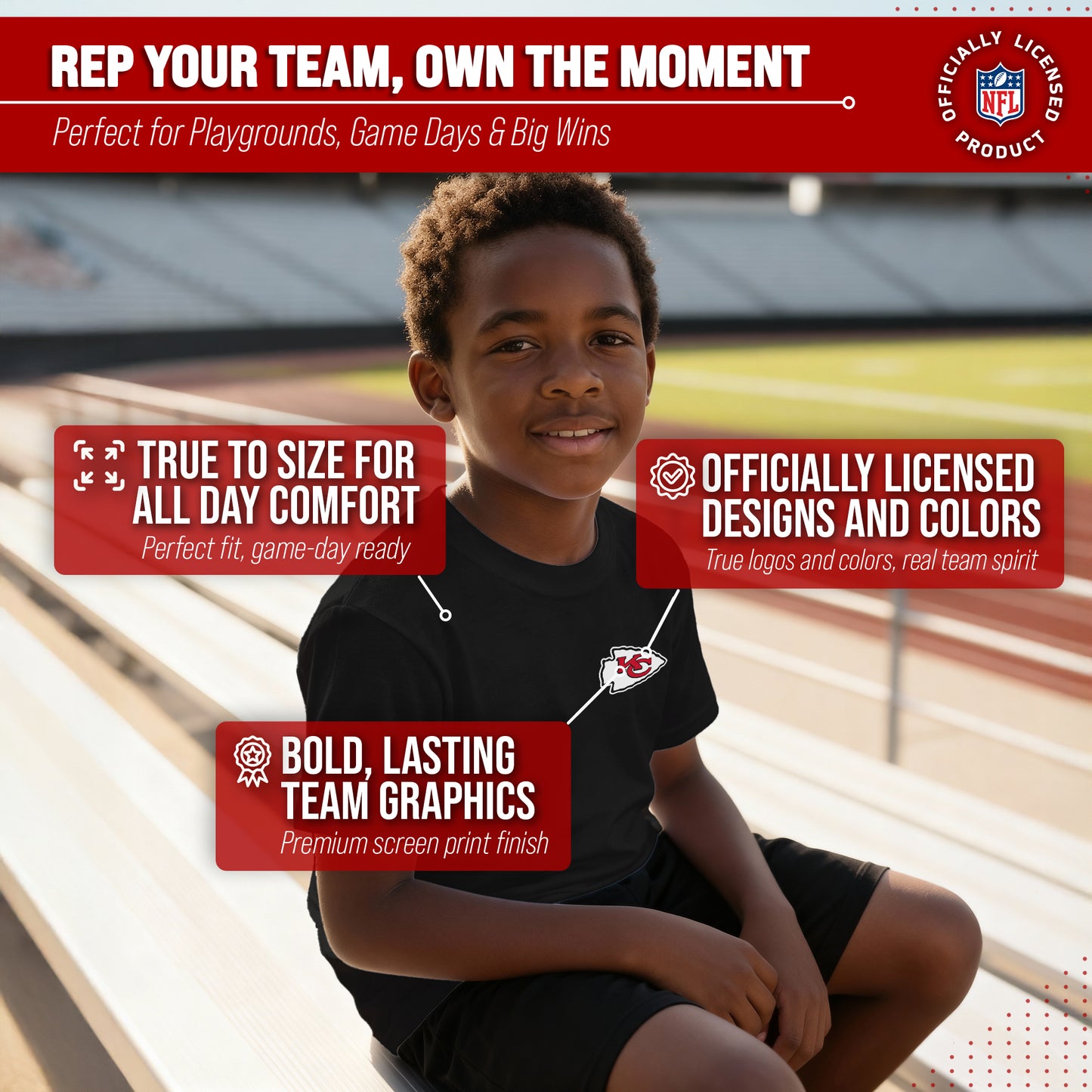 Kansas City Chiefs Team Fan Apparel NFL Youth Final Countdown Tee- Pro Football T-Shirt For Boys & Girls - Black