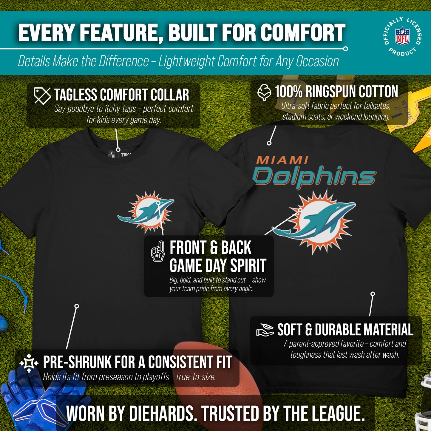 Miami Dolphins Team Fan Apparel NFL Youth Final Countdown Tee- Pro Football T-Shirt For Boys & Girls - Black