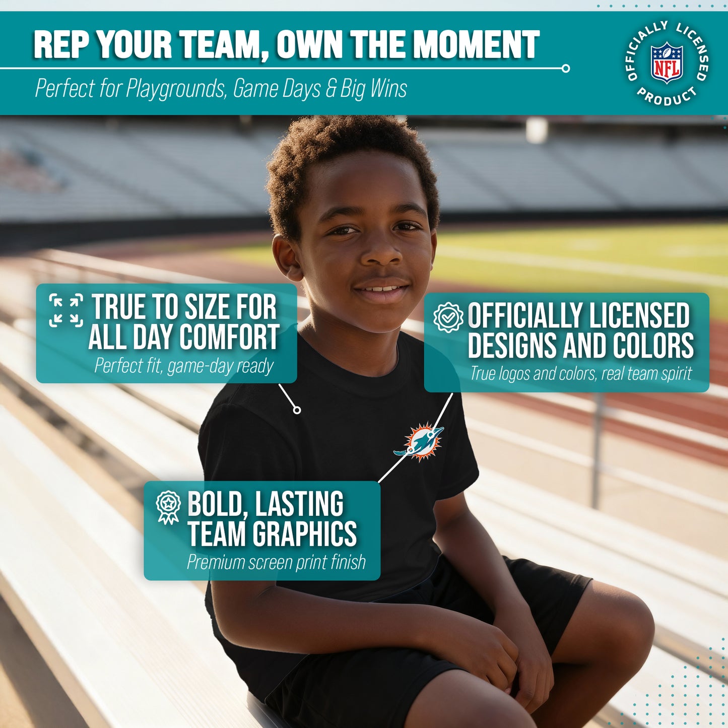 Miami Dolphins Team Fan Apparel NFL Youth Final Countdown Tee- Pro Football T-Shirt For Boys & Girls - Black