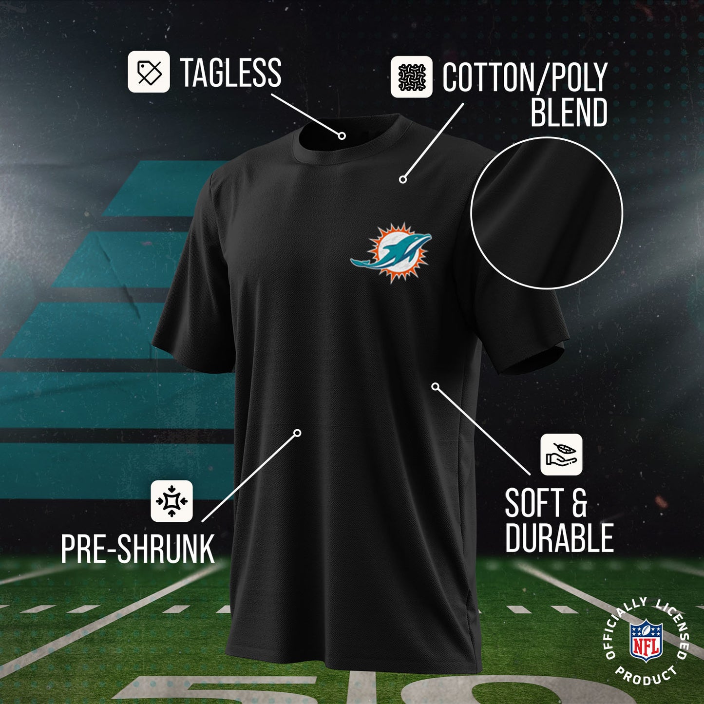Miami Dolphins Team Fan Apparel NFL Youth Final Countdown Tee- Pro Football T-Shirt For Boys & Girls - Black