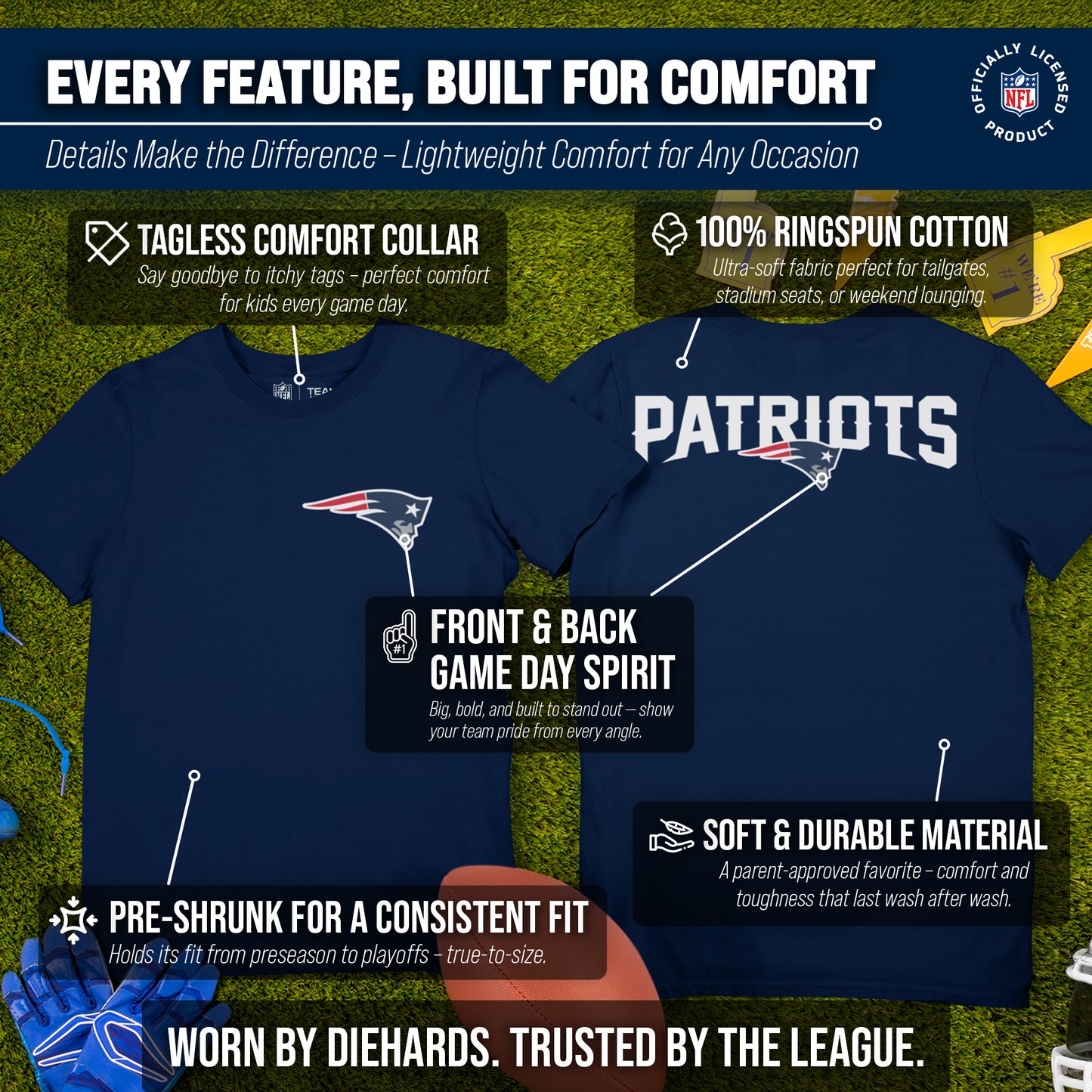 New England Patriots Team Fan Apparel NFL Youth Final Countdown Tee- Pro Football T-Shirt For Boys & Girls - Navy