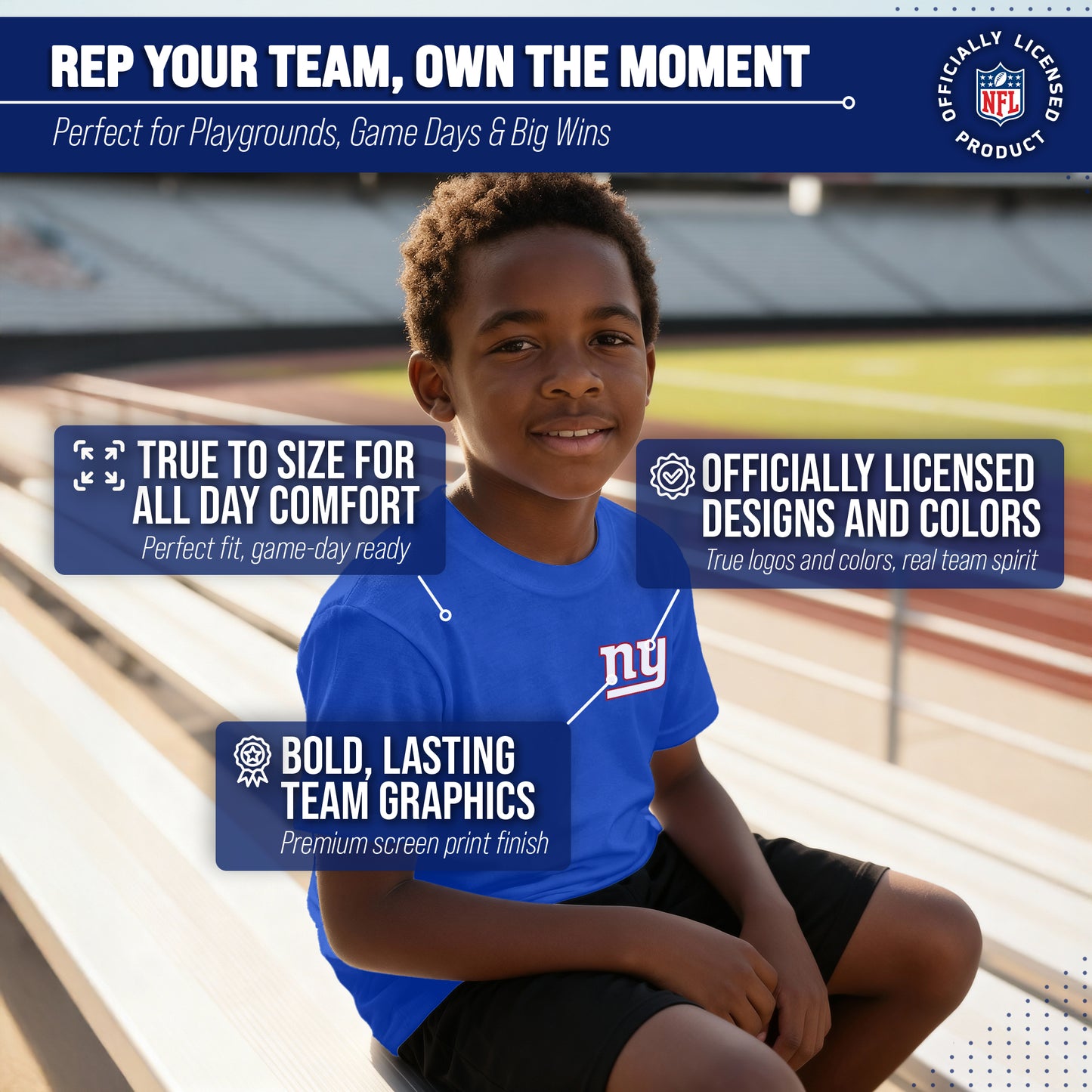 New York Giants Team Fan Apparel NFL Youth Final Countdown Tee- Pro Football T-Shirt For Boys & Girls - Royal